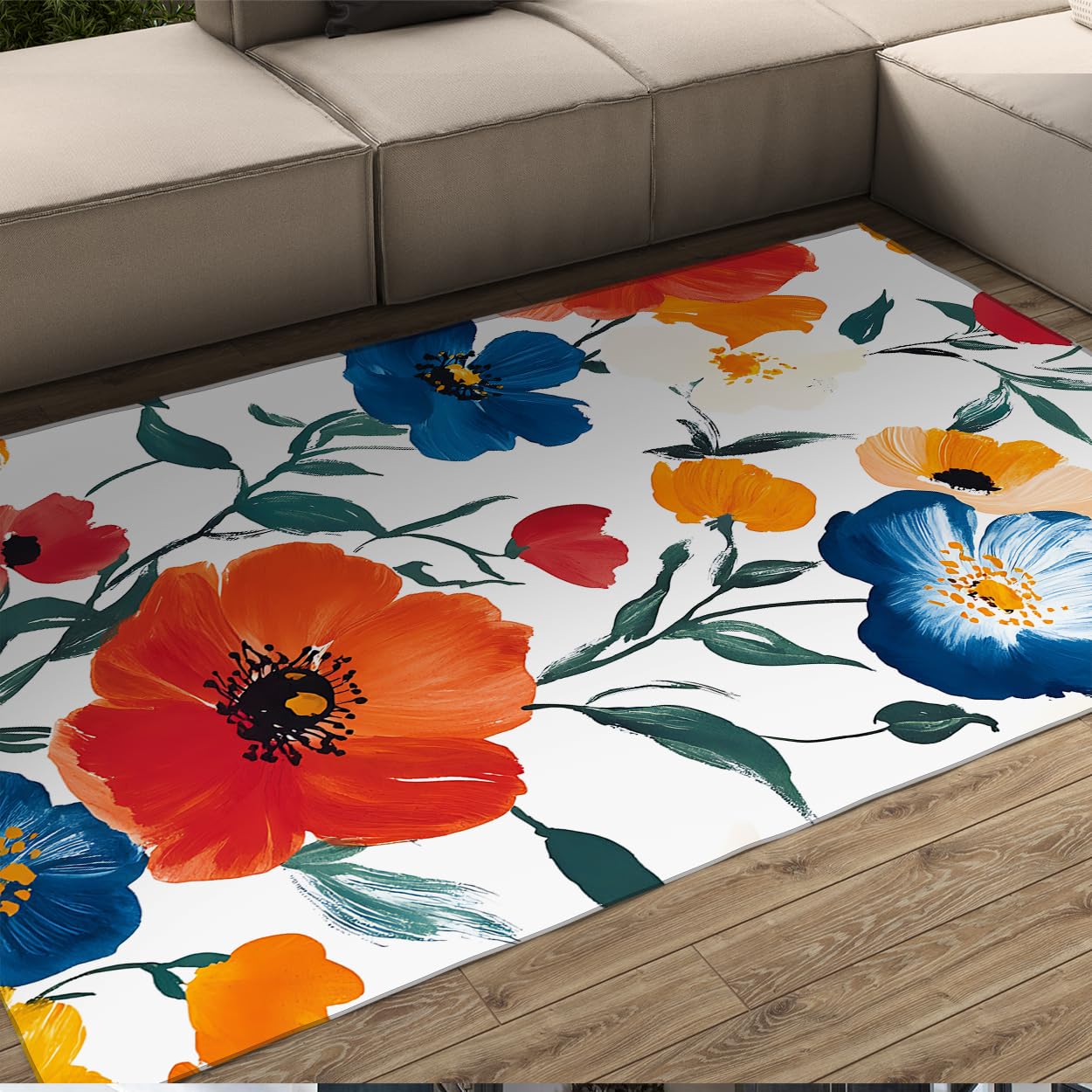 Tapis aquarelle 90x150 cm lavable et antidérapant à motifs botaniques floraux pour salon