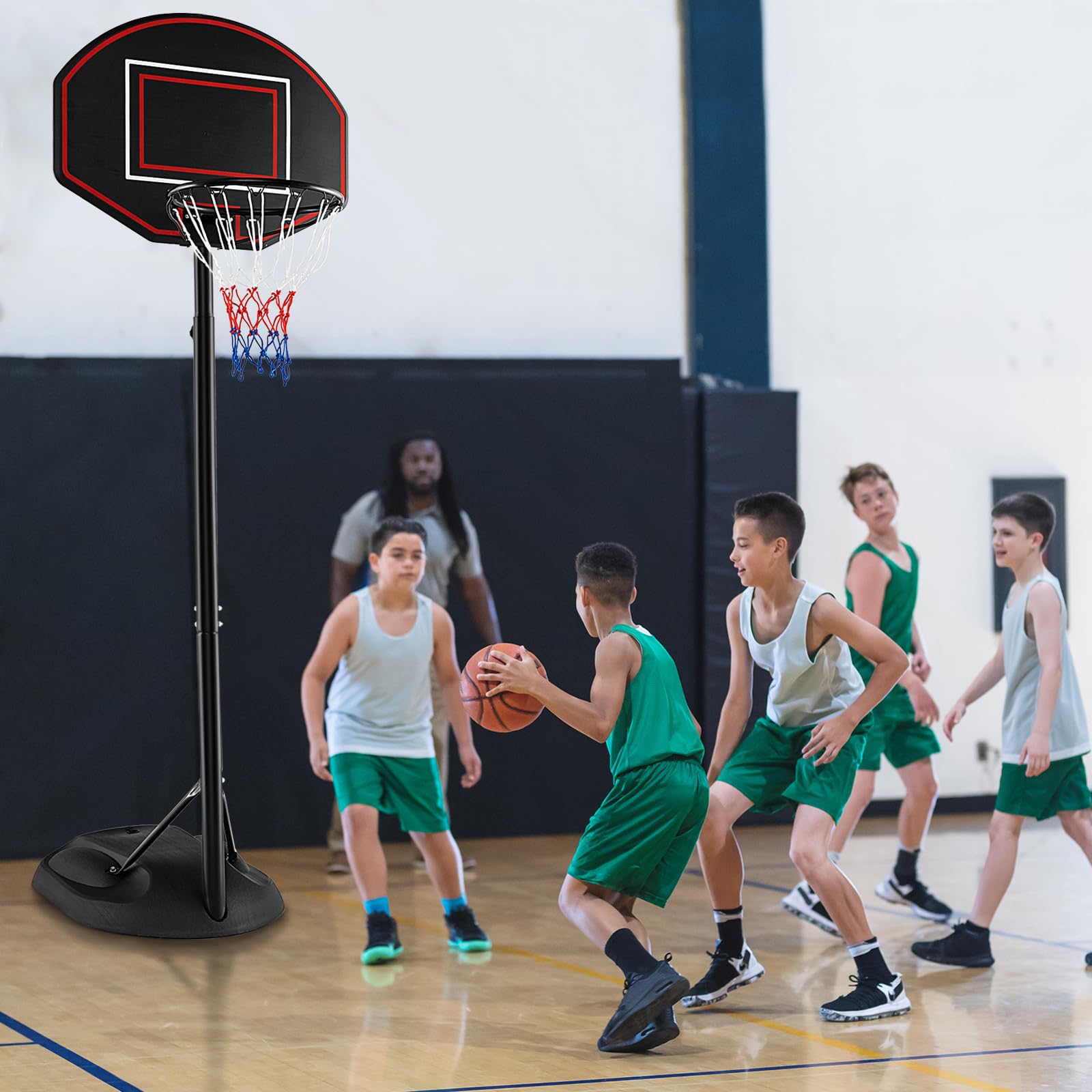 GYMAX Canestro da basket e supporto, sistema di porta da basket regolabile in altezza con base riempibile e ruote integrate, set di rete da basket portatile per esterni e interni, per bambini, ragazzi
