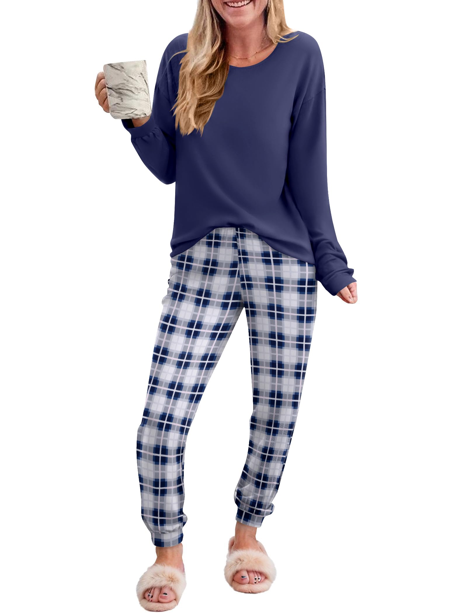 Ekouaer Pajama Sets for Women 2 Piece Plaid Pjs Long Sleeve Lounge Sets Comfy Gingham Nightwear with Pockets