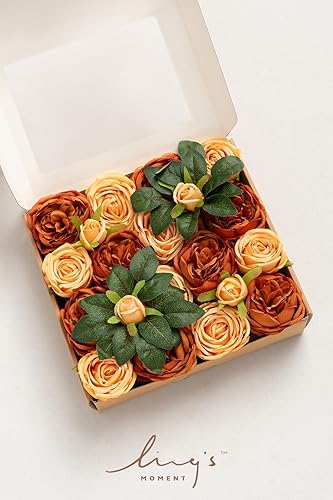 Miniatura 8 de Ling's Moment Flores artificiales Austin de seda de terracota, rosas de seda naranja con tallo para ramos de boda de otoño, centros de mesa, fiesta,