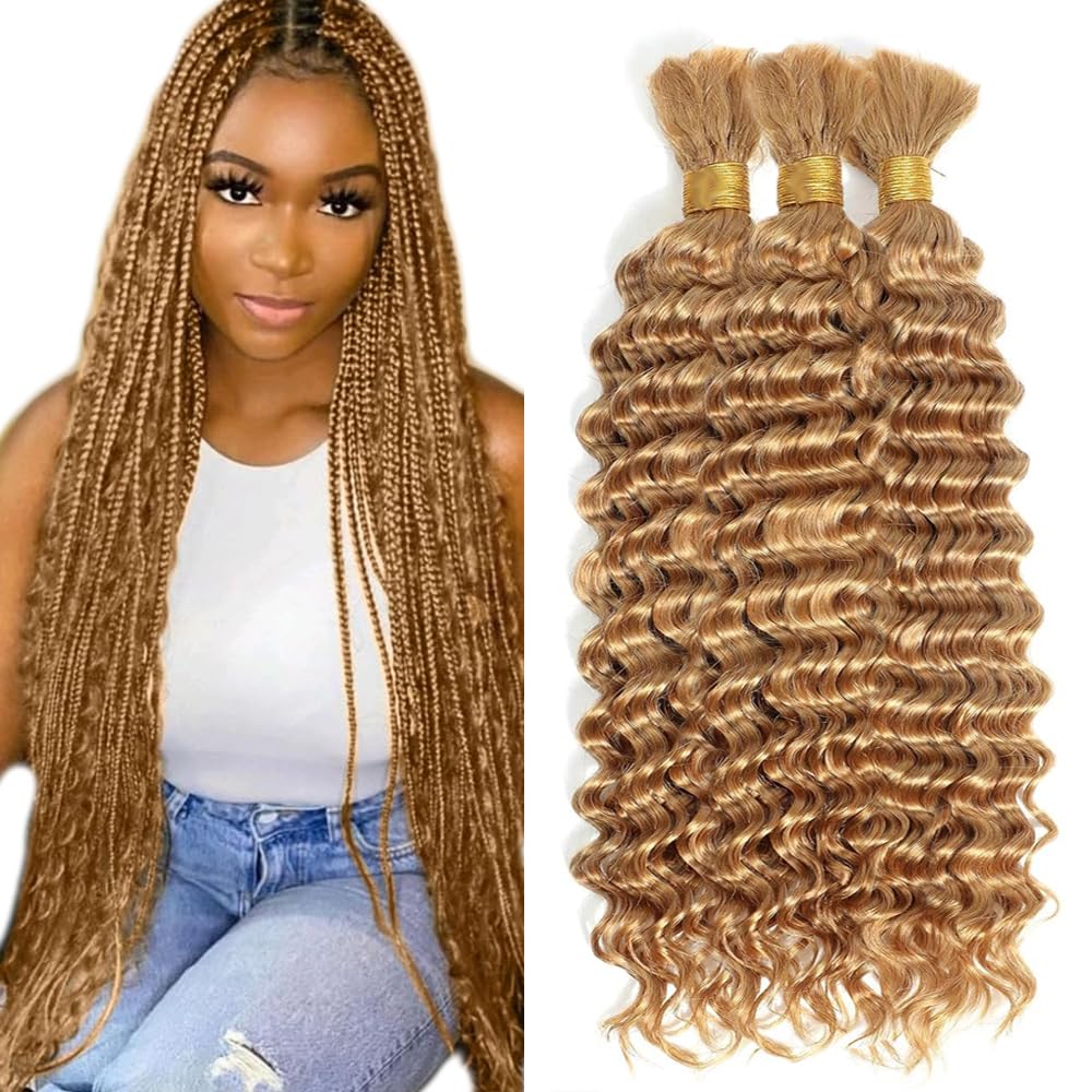 Photo 1 of #27 Blonde Human Braiding Hair for Boho Braids 26 26 26 Inch Honey Blonde Deep Wave Bulk Human Hair Knotless Boho Braiding Curly Virgin Hair Extensions 150g 3 Bundles/Pack