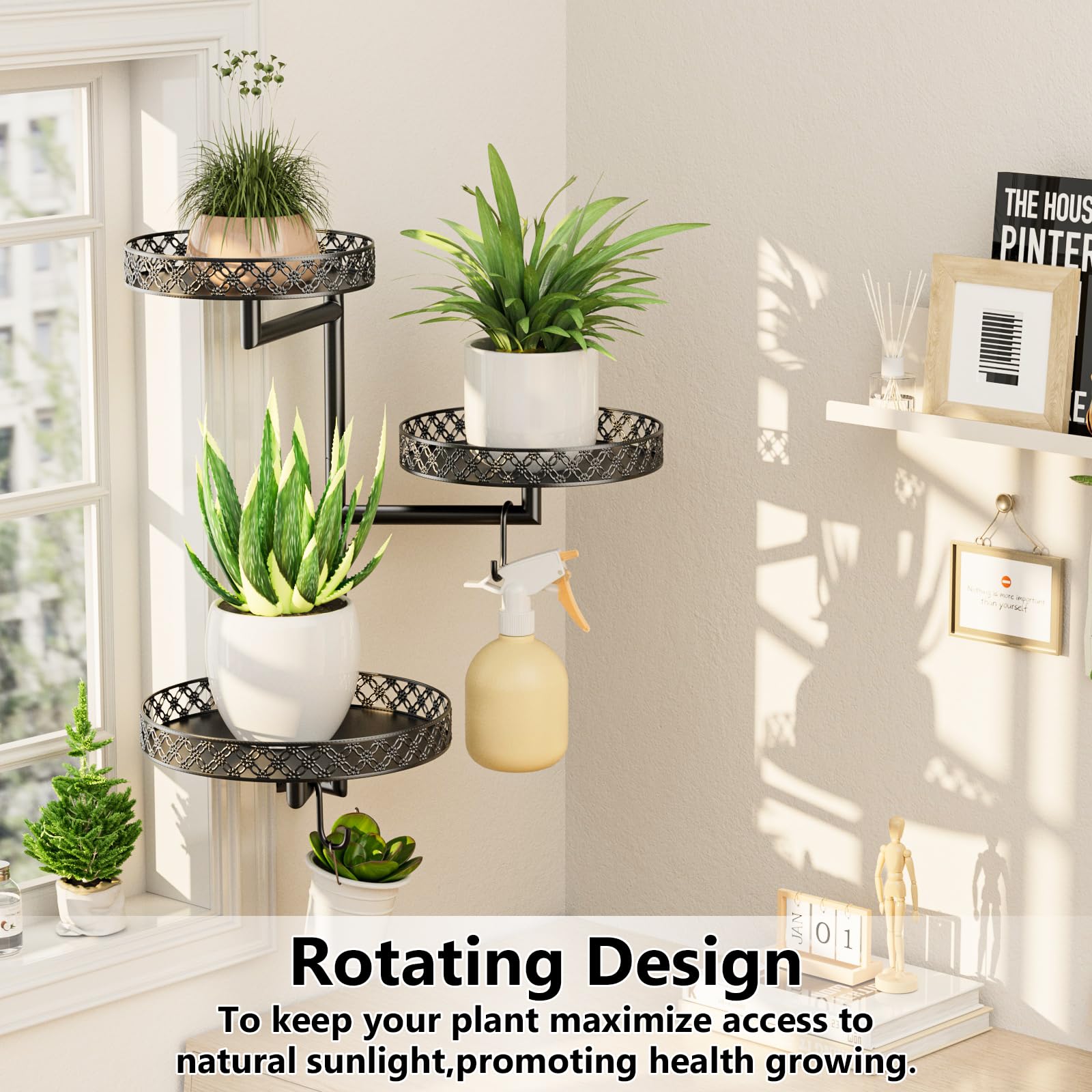 Estantes giratorios para plantas de ventana, soporte de pared para plantas de interior, soporte de 3 niveles de metal floral para múltiples plantas con ganchos para colgar, decoración del 4