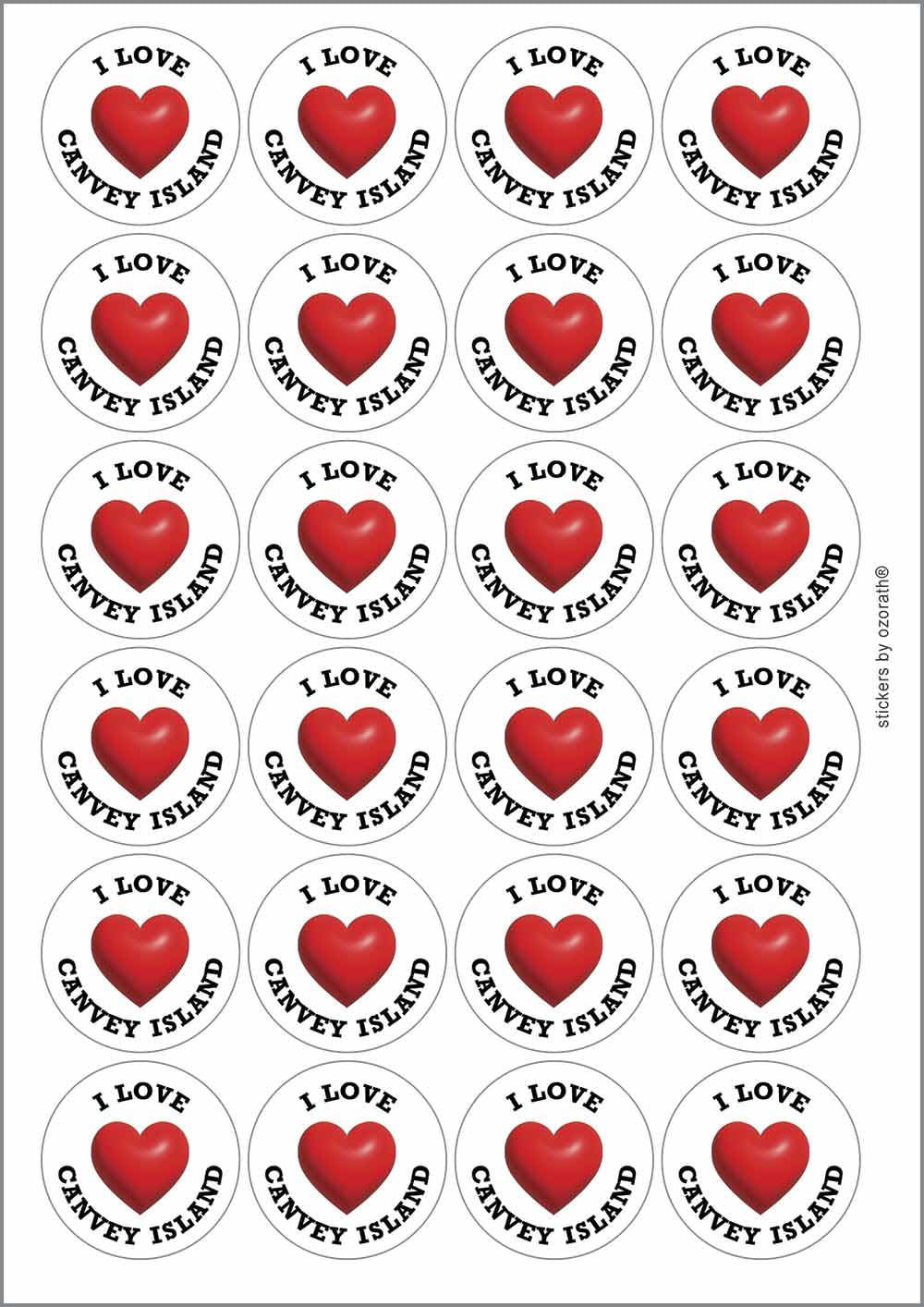 I Heart Love Canvey Island Location Circular Matt Paper Stickers A4 Sheet of 24 (Each Sticker is 45mm Diameter)