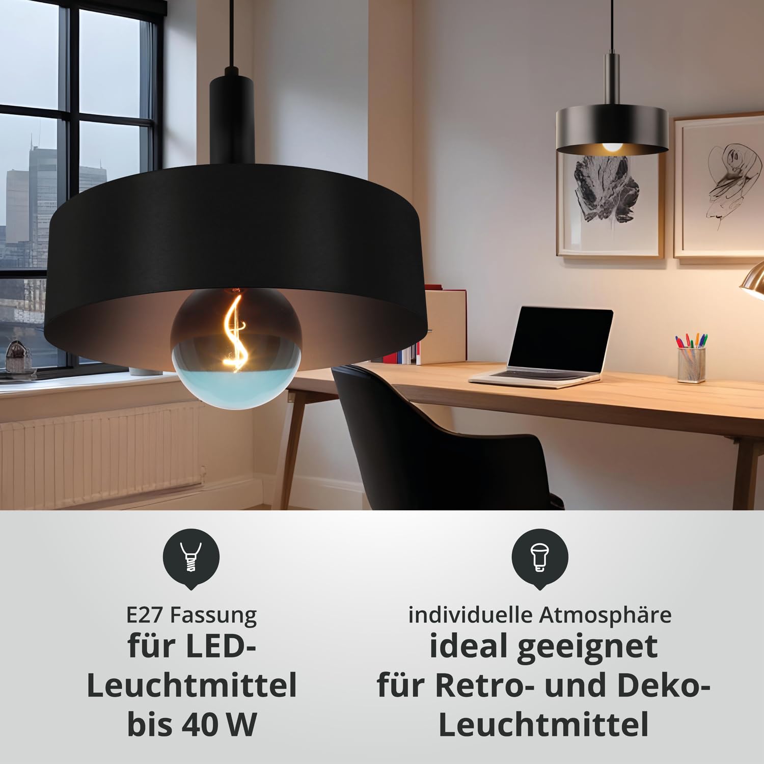 LED Universum - Pendelleuchte Victoria Ø 30cm Metall rund für LED E27 Leuchtmittel max 40W (exklusive) höhenverstellbar bis 150cm Esstisch Wohnzimmer Hängelampe Deckenlampe schwarz 2er Set