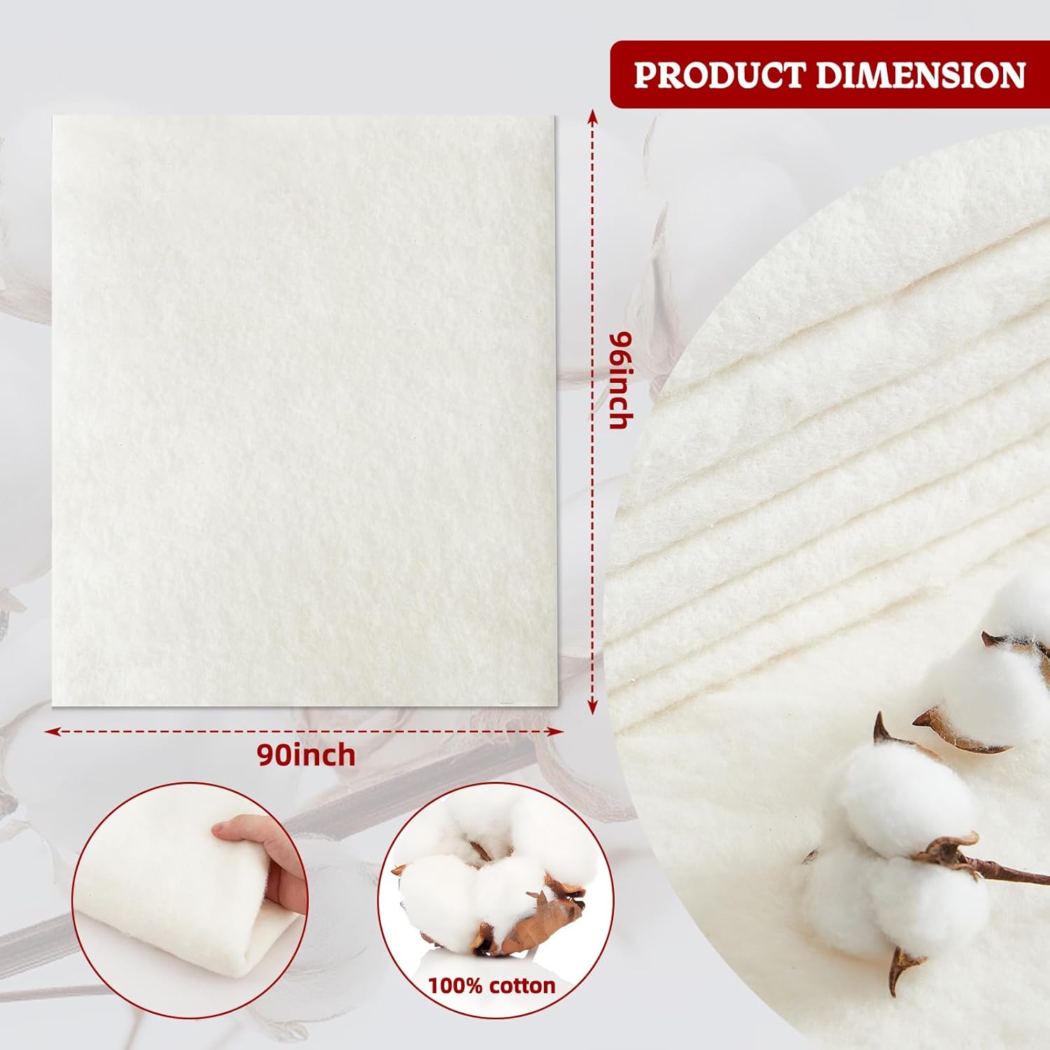 RRKTP Cotton Batting for Quilting，200 g/m² Lightweight Quilt Batting Queen Size，Natural All Season Comfort Cotton Stuffing, Sewing Handmade & DIY Crafts 90"×96"