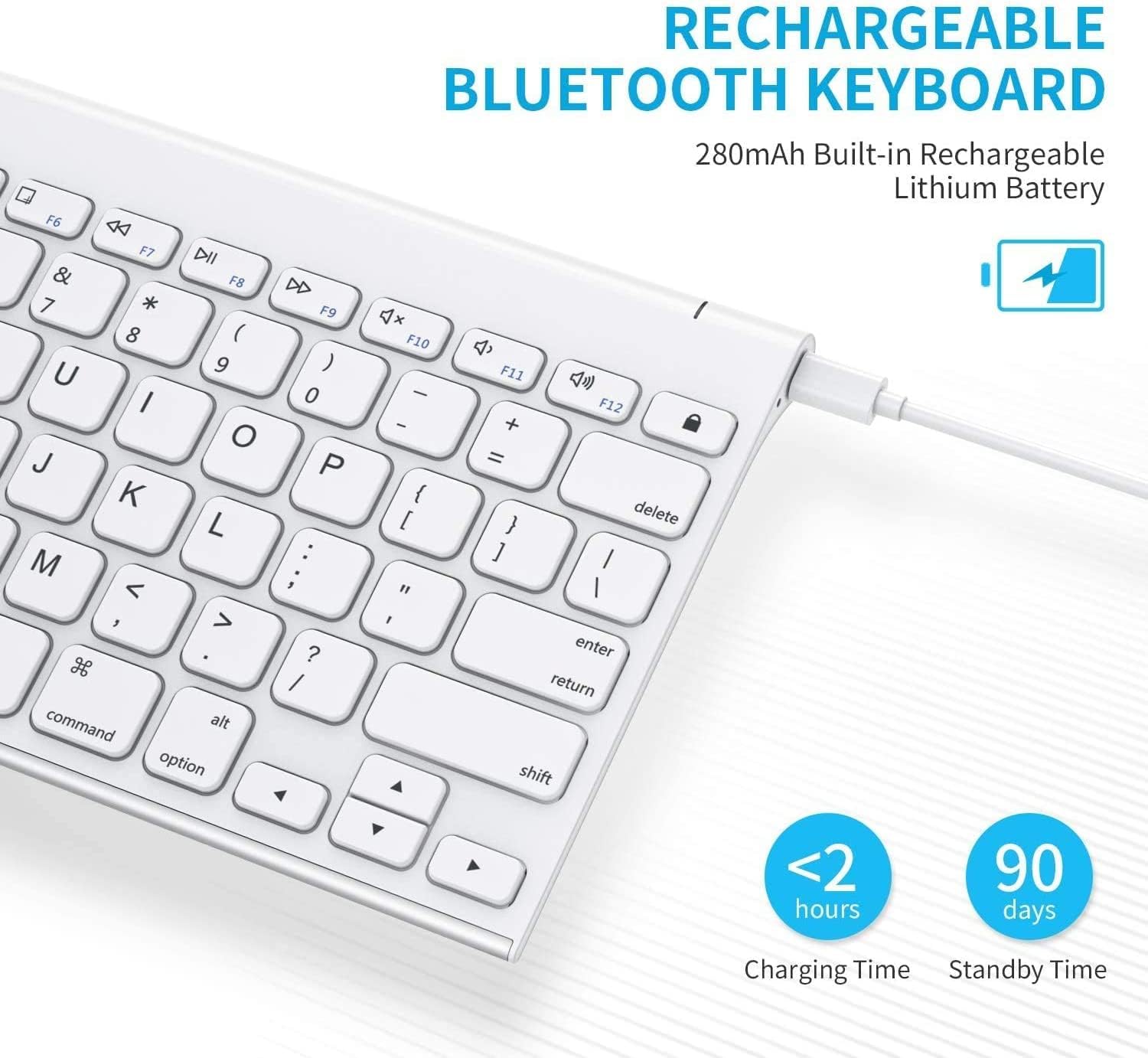 OMOTON Bluetooth Keyboard showing rechargeable battery features