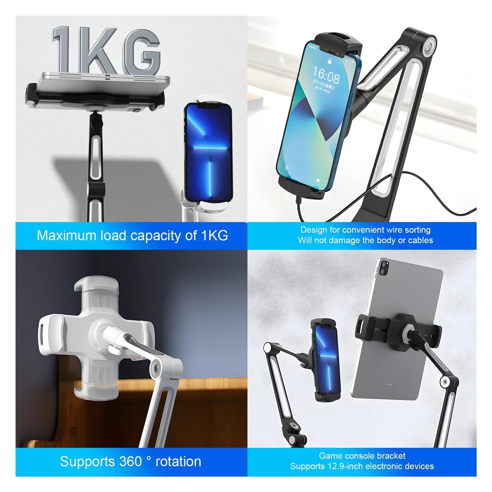 Supporto for telefono ruotabile a 360°, supporto da scrivania pieghevole | Supporto for telefono girevole a 360°, pieghevole, base antiscivolo, for telefoni/tablet, in alluminio(Black)