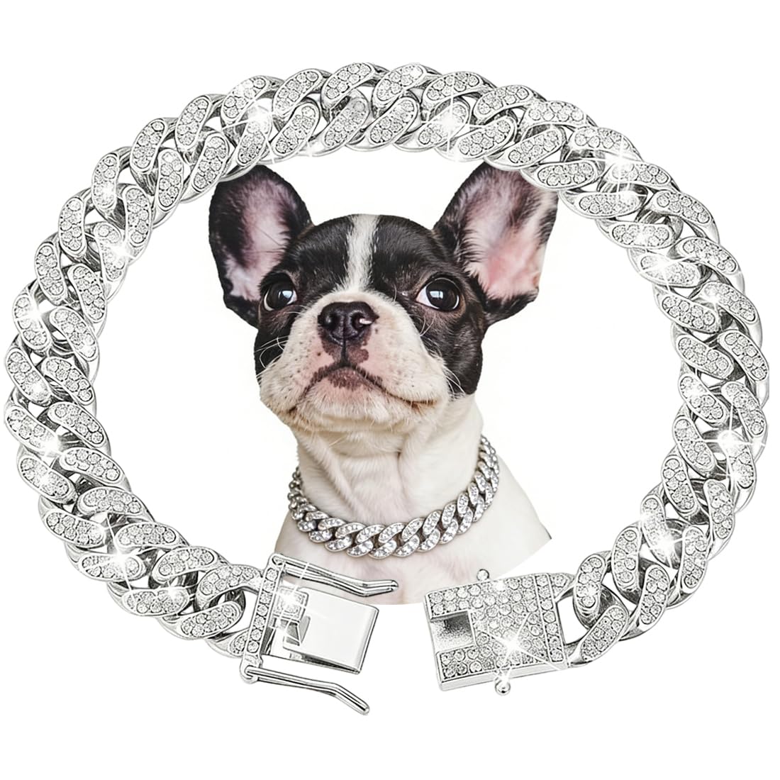 Silver Dog Chain Collars, Diamond Cuban Link Dog Chain Collar Walking Metal Dog Necklace With Secure Buckle Cat Chain Collar Pet Sparkling Jewelry Accessories For Medium Large Dogs Cats, 22 Inch