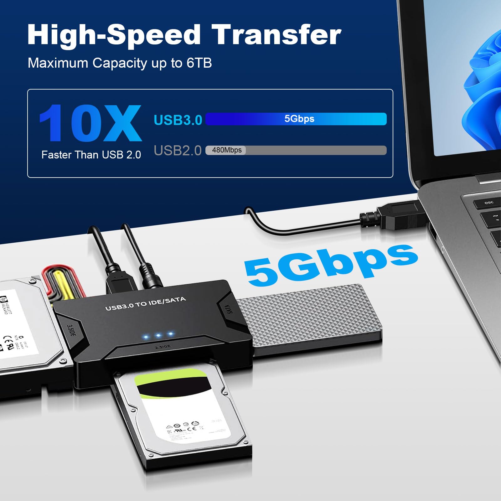 ADATTATORE IDE/SATA a USB 3.0 per HDD 2,5/3,5 pollici su Windows 11/10/8/7/XP/Vista, Mac OS, Linux con cavo SATA e USB, alimentatore 2A