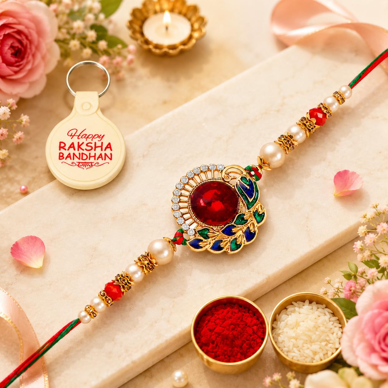 Glorious Gold Plated Stylish Kundan and AD Ring Rakhi with Roli Chawal and Greeting Card || Festive Gift with Traditional Rakhi-image-6