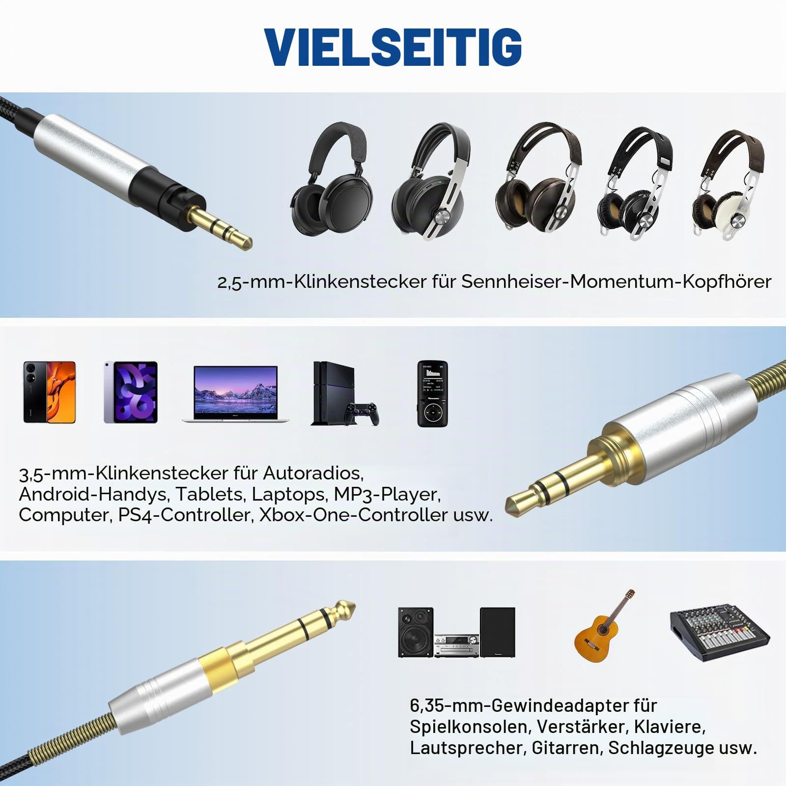 Zosvoses Momentum 4 Kabel, kompatibel mit Sennheiser Momentum 4/3/2.0, HD1 On-Ear, HD 400S/450BT, PXC 550/550-II, ACCENTUM Plus Kopfhörer, 3,5 mm Audiokabel, Headset mit 6,35 mm Adapter, 2 m