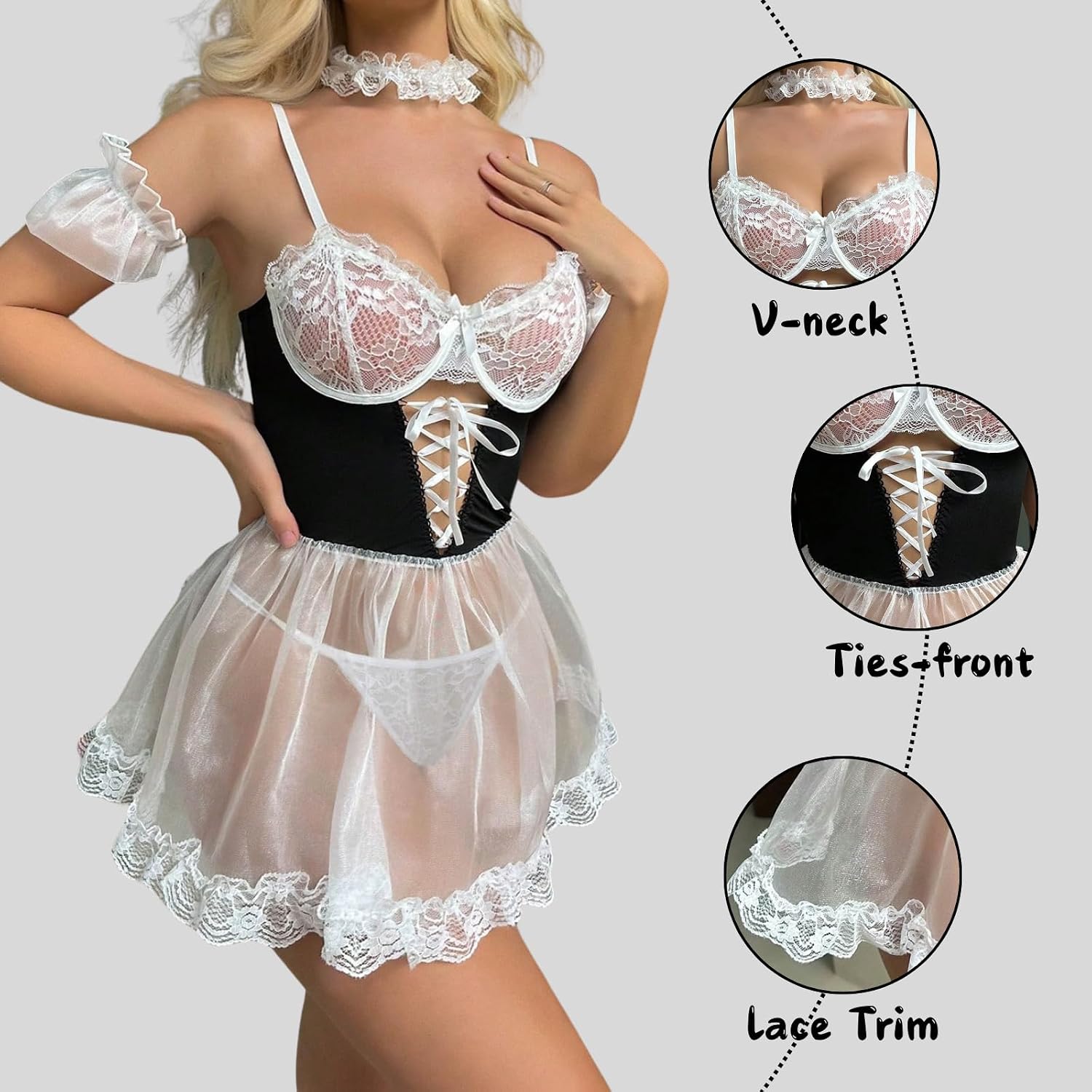 Women Sexy Mesh Sheer Lingerie Set Cosplay Maid Costume Naughty Lace Babydoll Ties-Front Servant Outfit Fancy Dress