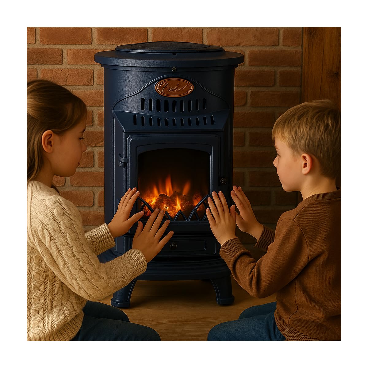 Sahara - Stufa a gas 3,4KW in ghisa vera – Riscaldamento supplementare Design Tradizionale Blu Zaffiro Opaco - Effetto fuoco di legna, mobile su ruote Provence