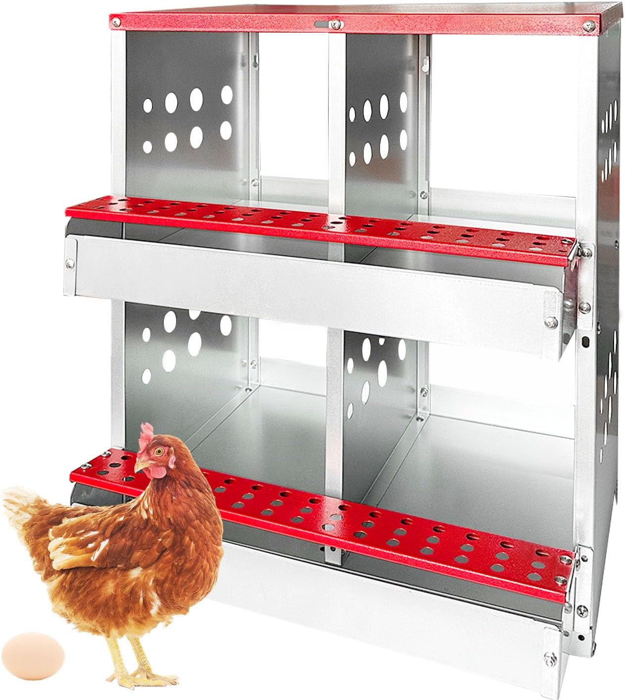 6 Compartment Metal Chicken Nesting Box, Wall Mount or Free Standing, with Perch & Secure Lid, for Chcken, Hens Ducks, Large Egg Laying Boxes (32.6L*16.9W*24.4)