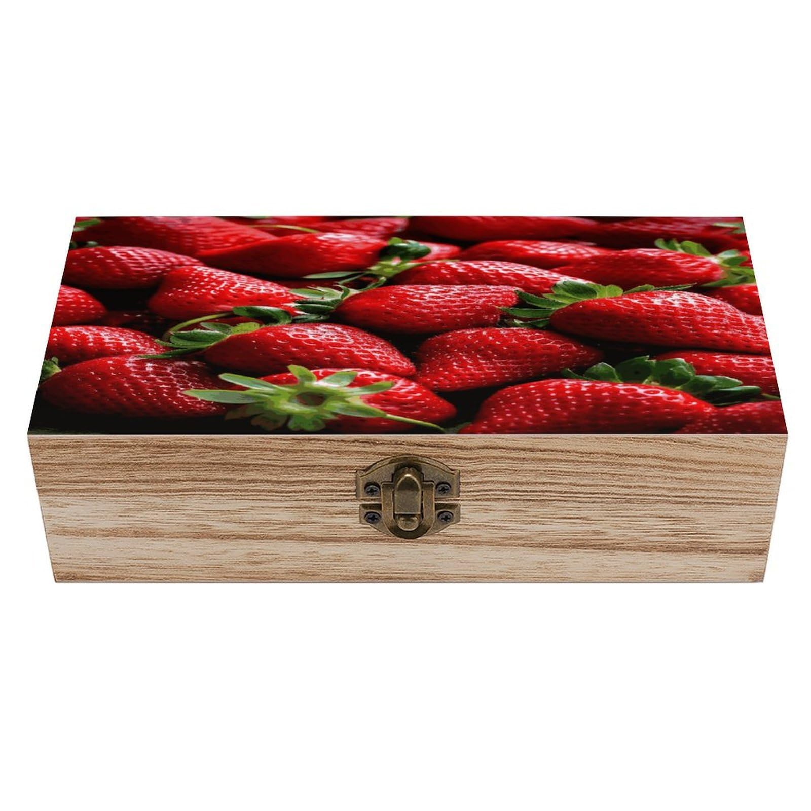 FekiLoot Fresh Strawberries Wooden Box with Hinged Lid Vintage Storage Box Beautifully Keepsake Boxes Jewellery Organiser & Trinket Holder Unique Gift Ideas for Men & Women