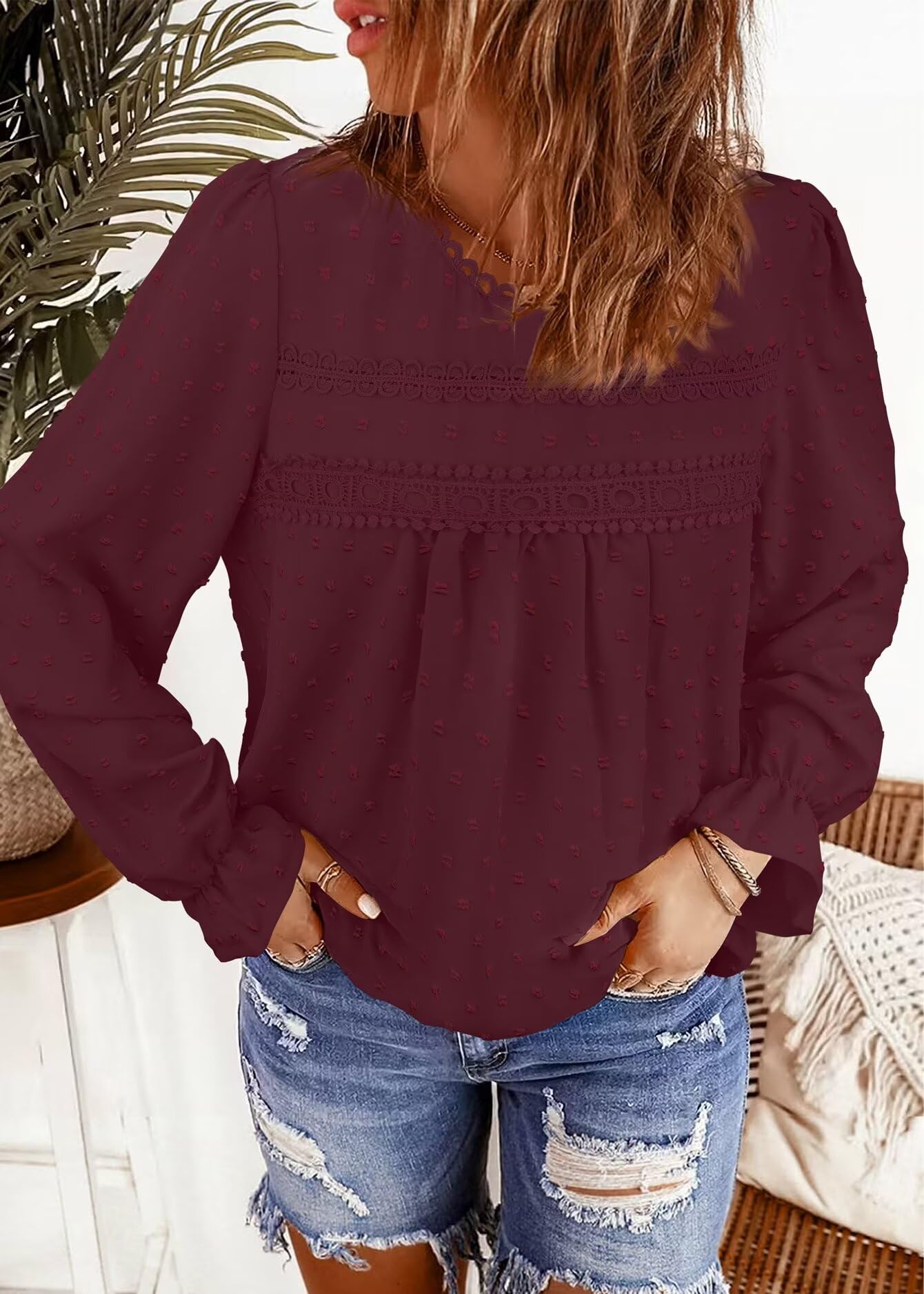 Top Damen Boho Bluse Langarmshirt Oberteile Elegant Rundhals T-Shirt
