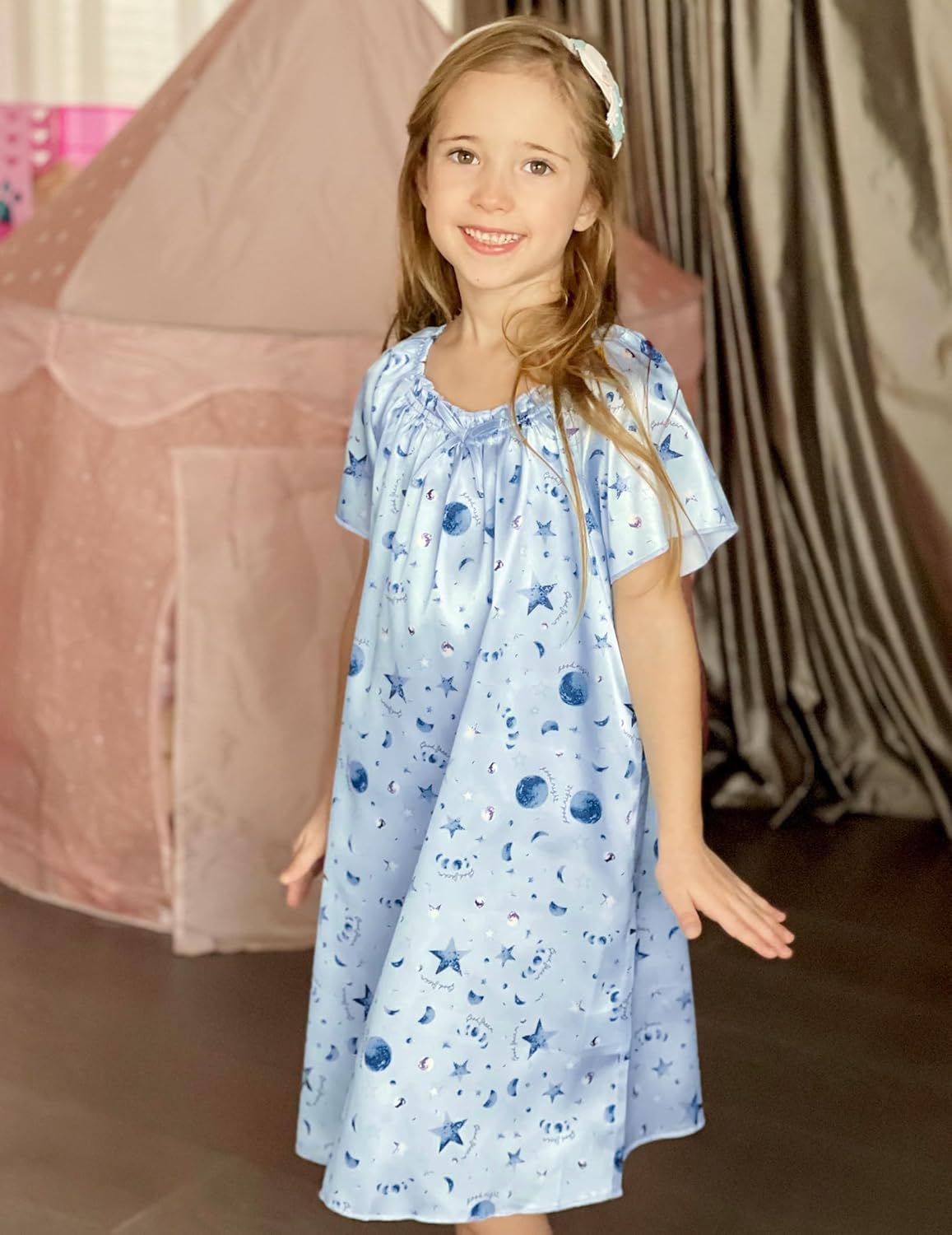 Arshiner Girls Nightgowns Silk Satin Pajama Dress Short Sleeve Soft Princess Sleepwear - Image 3