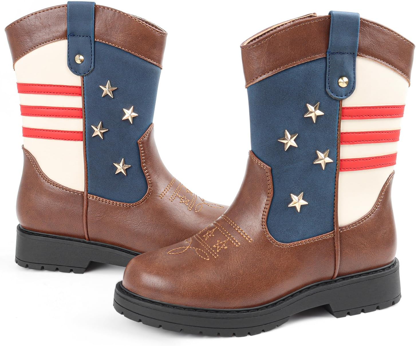 Cowboy/Cowgirl Boots for Boys/Girls Toddler Western Wide Calf Square Toe Kids Boots with Side Zipper (White+ Brown+Dark Brown)