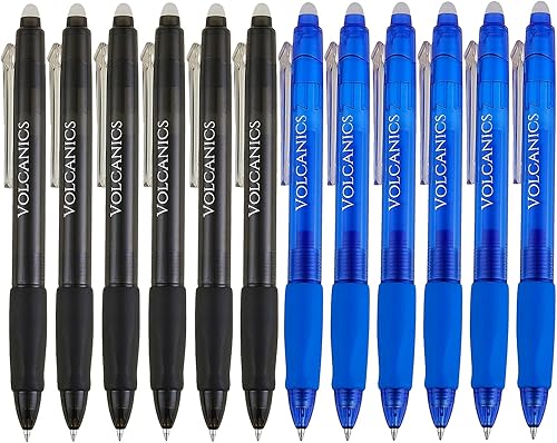 Volcanics Bolígrafos de Gel Borrables Retráctiles Clicker - Punta de Bola de 0.7mm, Borrado por Calor con Borrador Integrado, Paquete de 12 Negro y