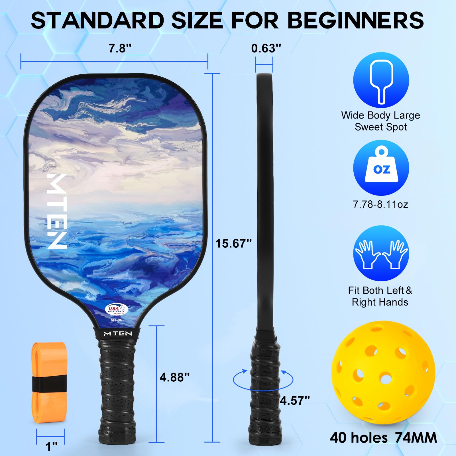 MTEN Pickleball Paddles, Pickleball Paddles Set of 2, USAPA Approved, 2 Paddles with 4 Outdoor Balls, 2 Grip Tapes, 1 Portable Carry Bag, Pickle Ball Set ​for Beginner