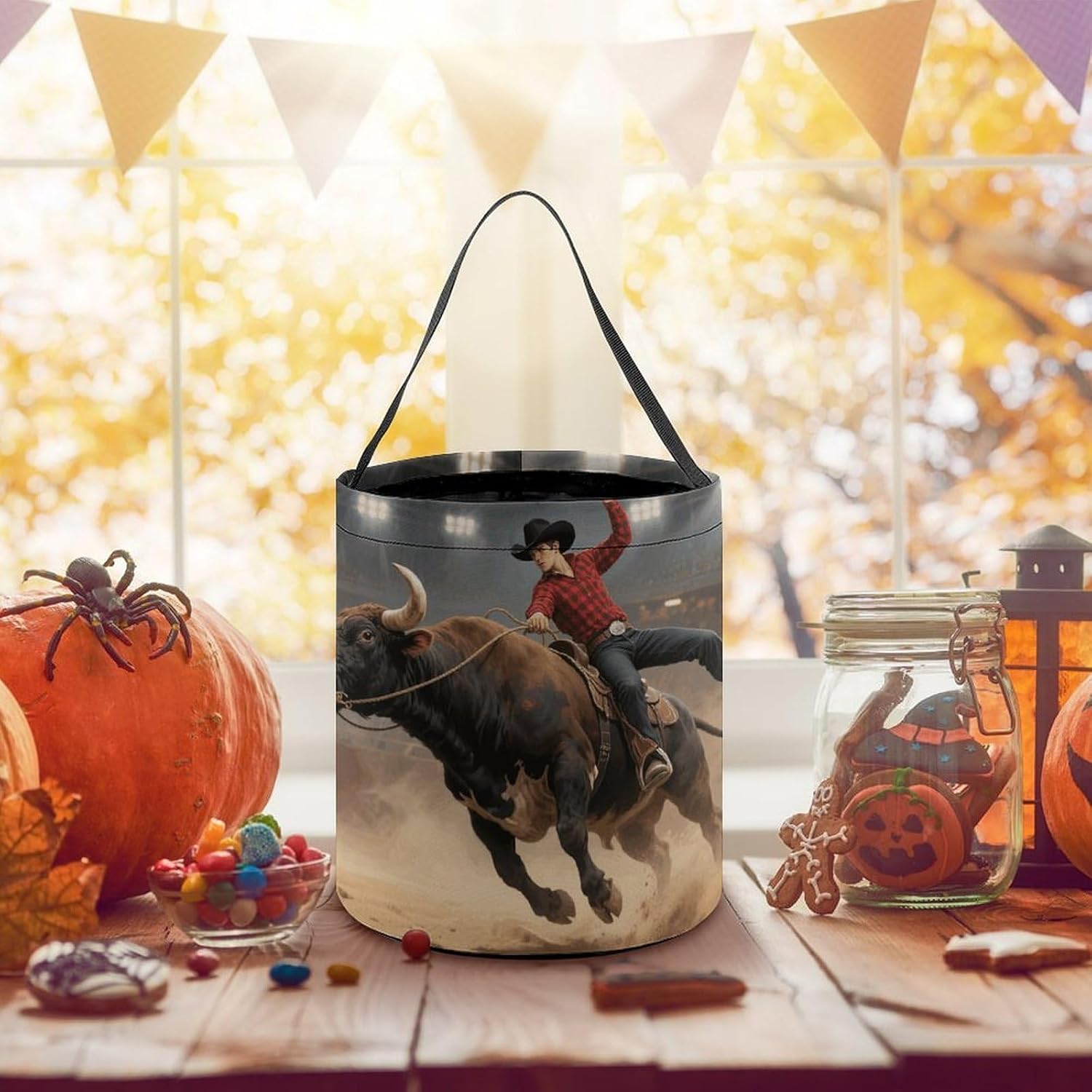 GHBNK Cool Bull Riding Halloween Trick Or Treat Buckets with Handle image 5