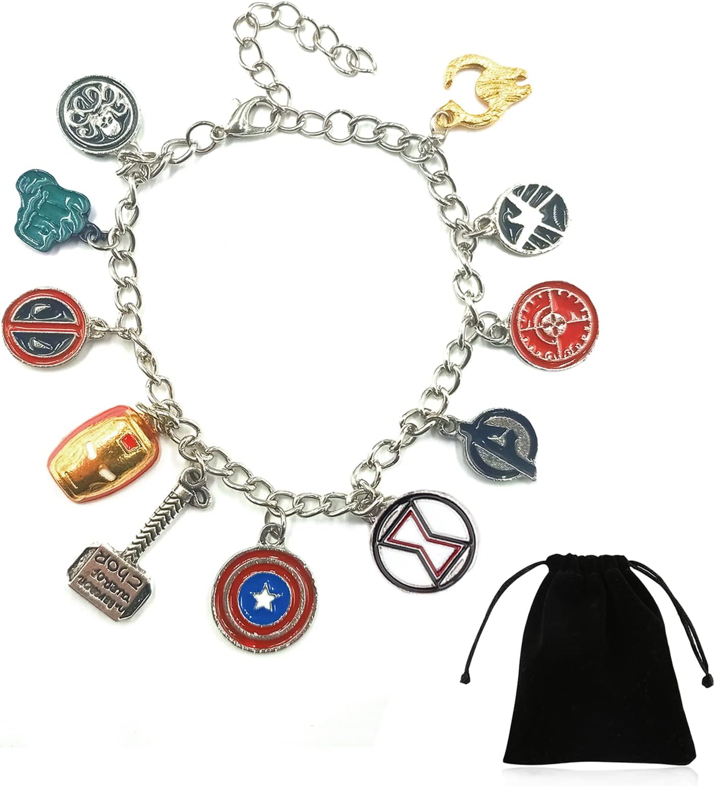 Super Hero Bracelet with Velvet Bag for Men Women, Marvel Theme Bracelet with Adjustable Chain Captain America Iron Man Spider Man Pendents for Avenger Comic Lovers Birthday Gift Christmas Present