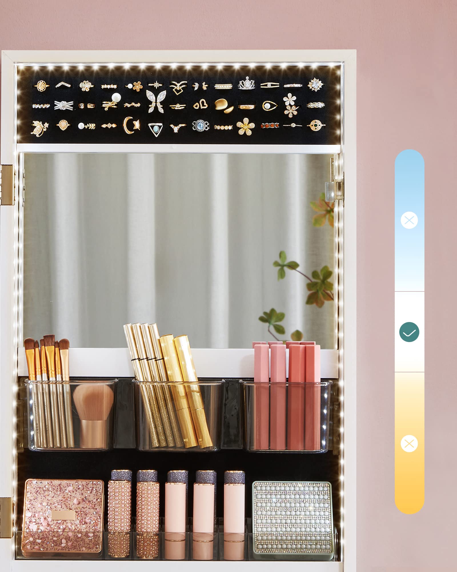 SONGMICS Armoire à Bijoux Murale, Organisateur avec Lumières LED, Placard de Rangement, avec Miroir sans Cadre, Miroir de Maquillage Intégré, 2 Tiroirs, Verrouillable, Blanc JJC013W01