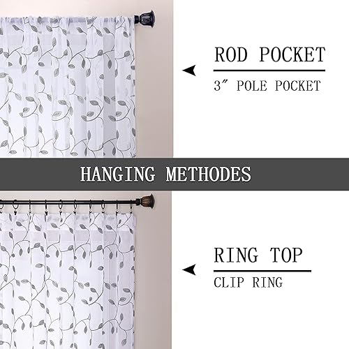 Miniatura 5 de Cortinas Tollpiz translúcidas, con diseño de hojas bordadas, para dormitorio, de lino sintético, para sala de estar, juego de 2 paneles