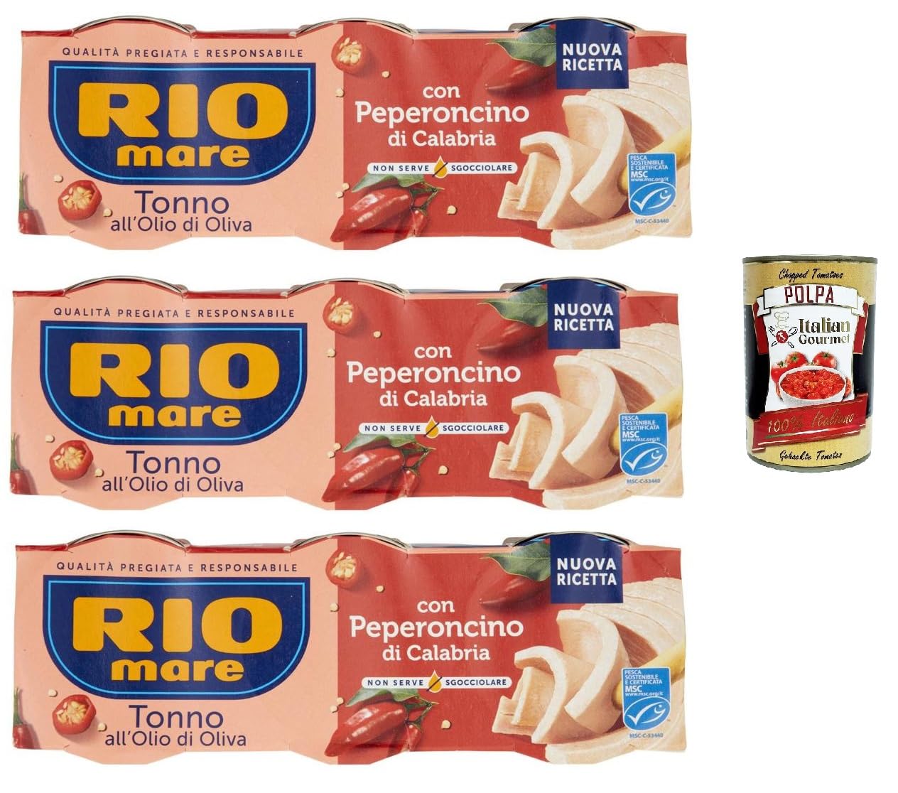 Rio Mare Thunfisch in Olivenöl mit Kalabresischer Chili, 3er Pack, je 65g, + Italian Gourmet polpa 400g