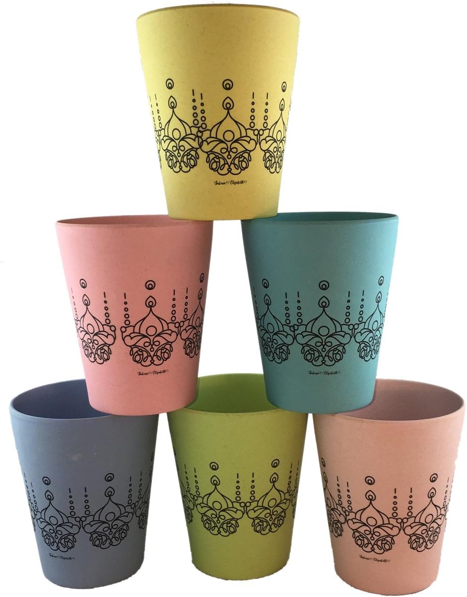 Unique Designer Cups (6) for Hot/Cold liquids. Colorful Natural Bamboo Fiber. Eco Friendly and Biodegradable. Ideal for Adults and Children in the Home or Outdoors for Picnics, Poolside, Camping.