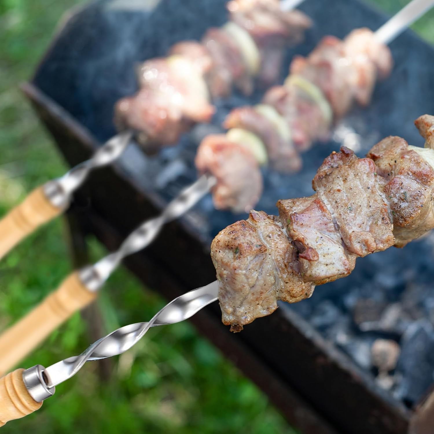 Mipcase 18pcs Bbq Skewers Wooden Handle Flat Sticks for Grilling Bbq Accessories