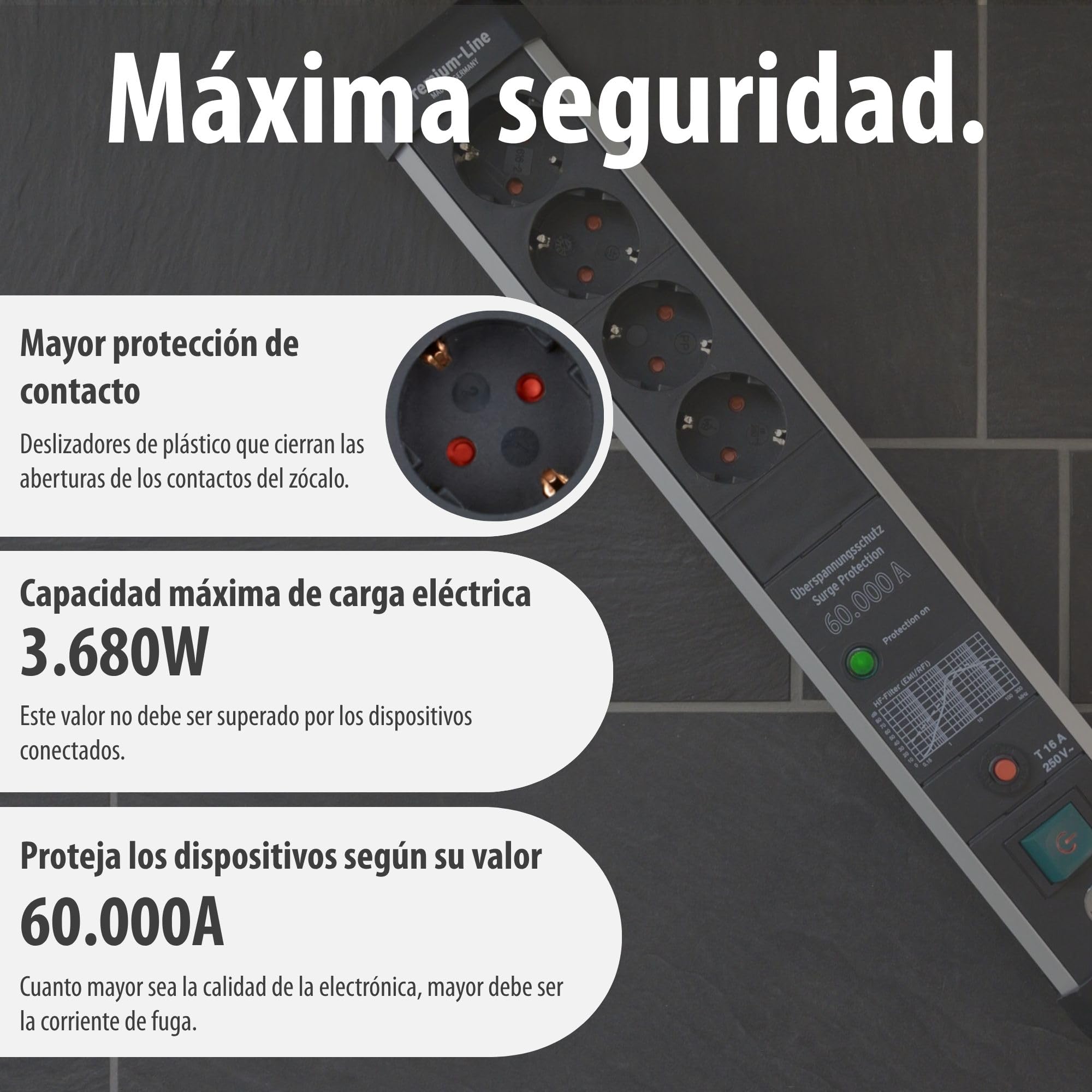 Brennenstuhl Premium-Protect-Line regleta enchufes de 4 Tomas con protección contra sobretensiones hasta 60.000 A (Cable de 3 m, Interruptor, Fabricado en Alemania) Plateado/Negro