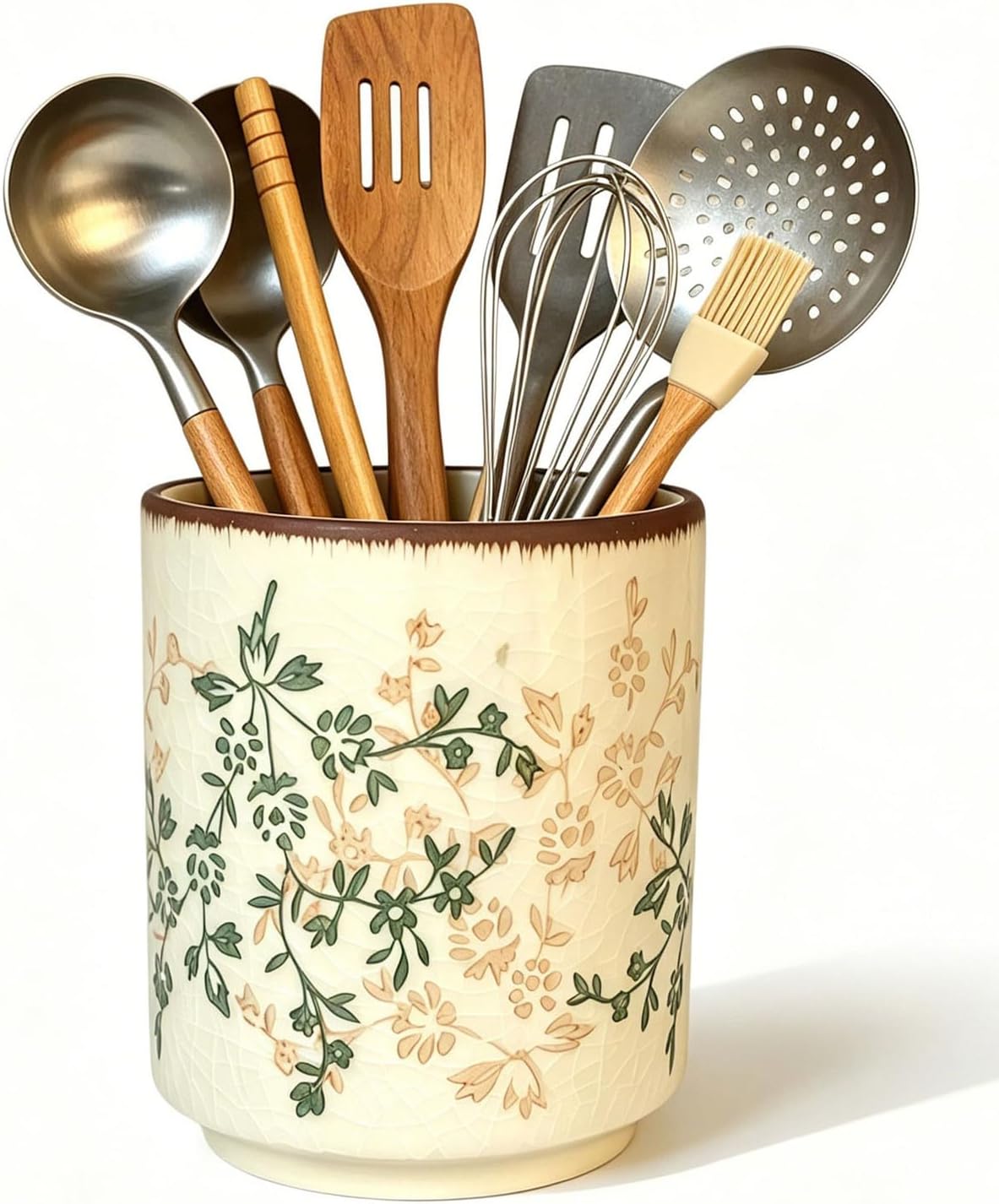 Farmhouse Ceramic Utensil Holder,Green Floral Kitchen Utensil Crock,Countertop Cooking Tool Organizer ,Silverware Organizer,Silverware Caddy,Decor Vintage Vase Ceramic Pitcher for Housewarming Gift