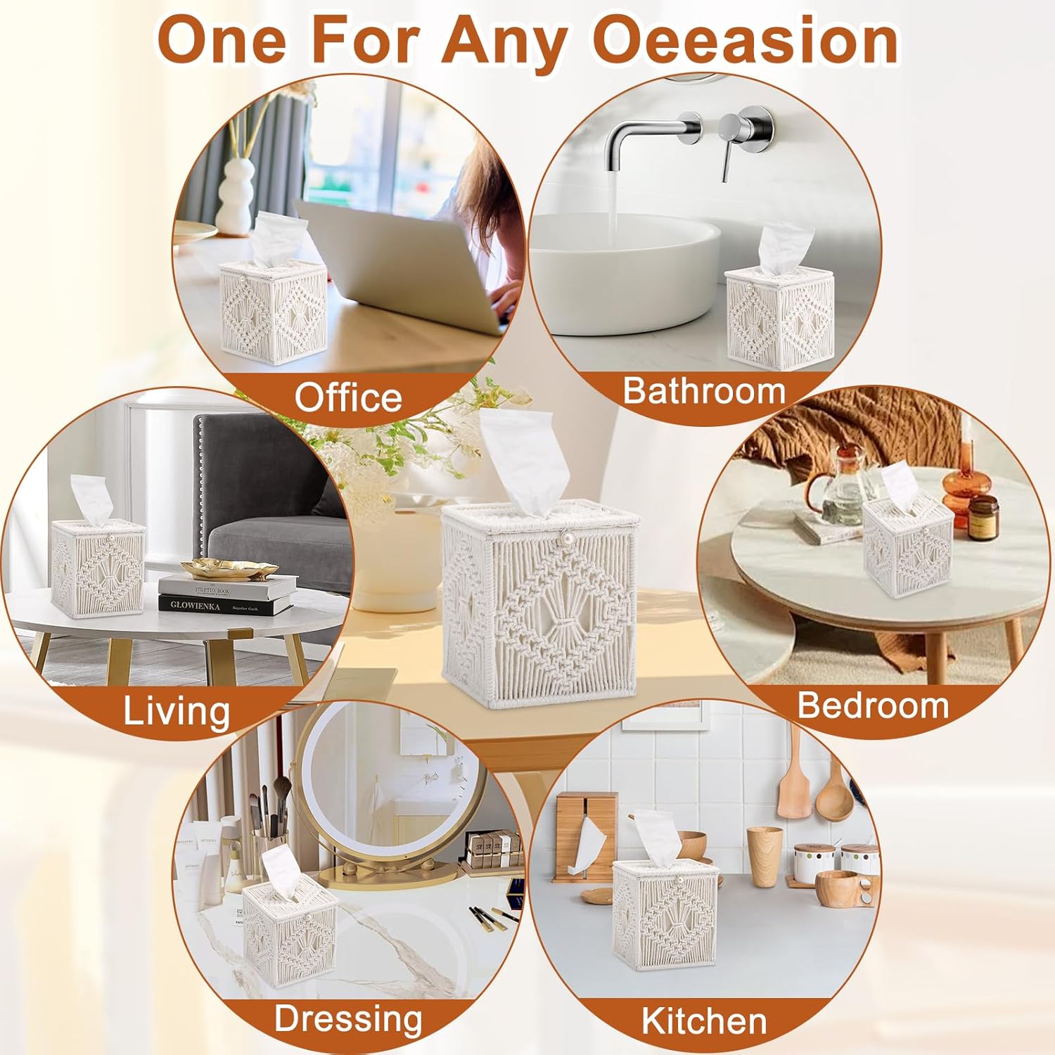 Macrame Tissue Box Cover, 6 Pack Square Boho Decor Tissue Holder, Handmade Woven Cotton Rope Organizer with Open Bottom for Bedroom, Bathroom, Living Room, Office - Ivory