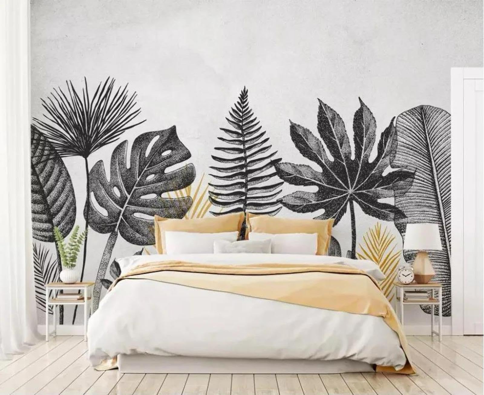 Papier peint mural 3d feuilles noires et blanches fond de chambre séjour intissé