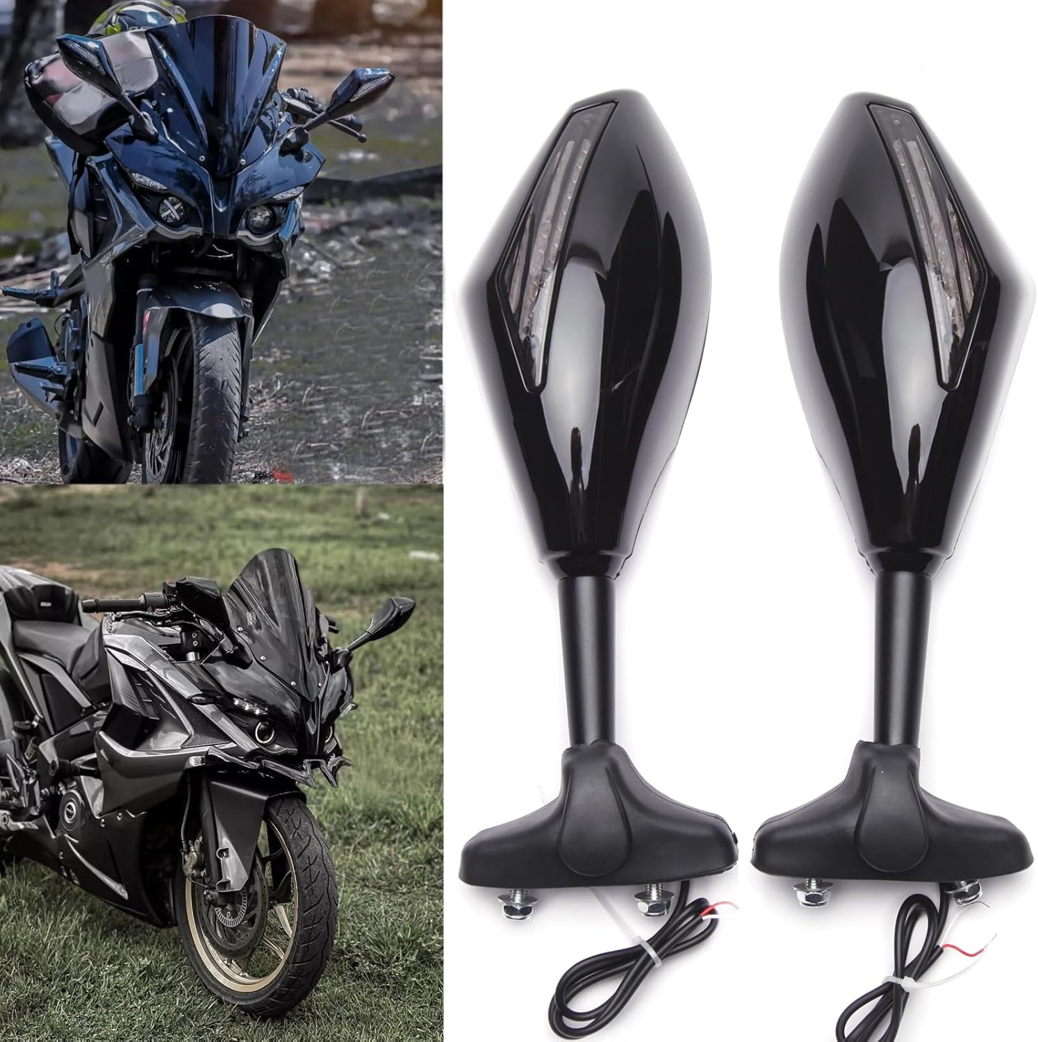 Motorcycle Rearview Mirrors With LED Turn Signal Compatible with Honda Kawasaki Suzuki