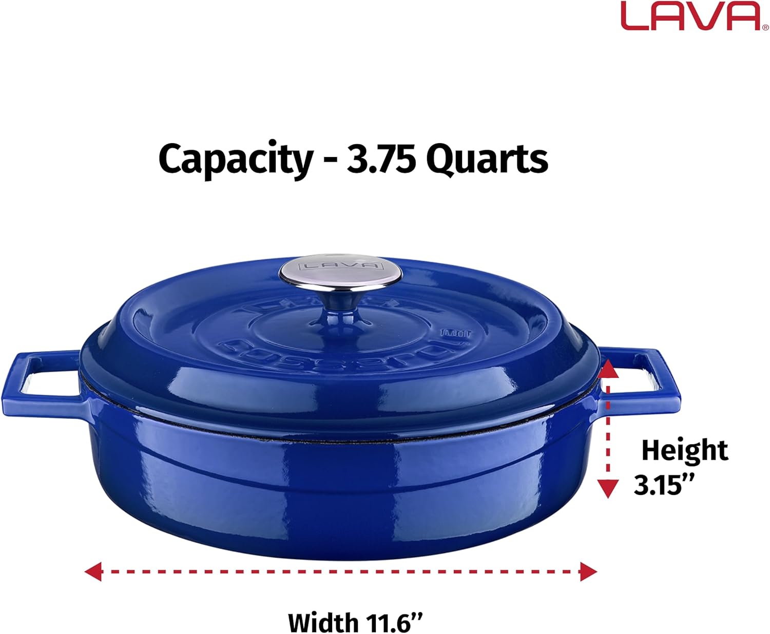 LAVA 3.7 Quart Enameled Cast Iron Braiser: Multipurpose Stylish Blue Round Dutch Oven Pot with Enameled Black Interior and Trendy Lid