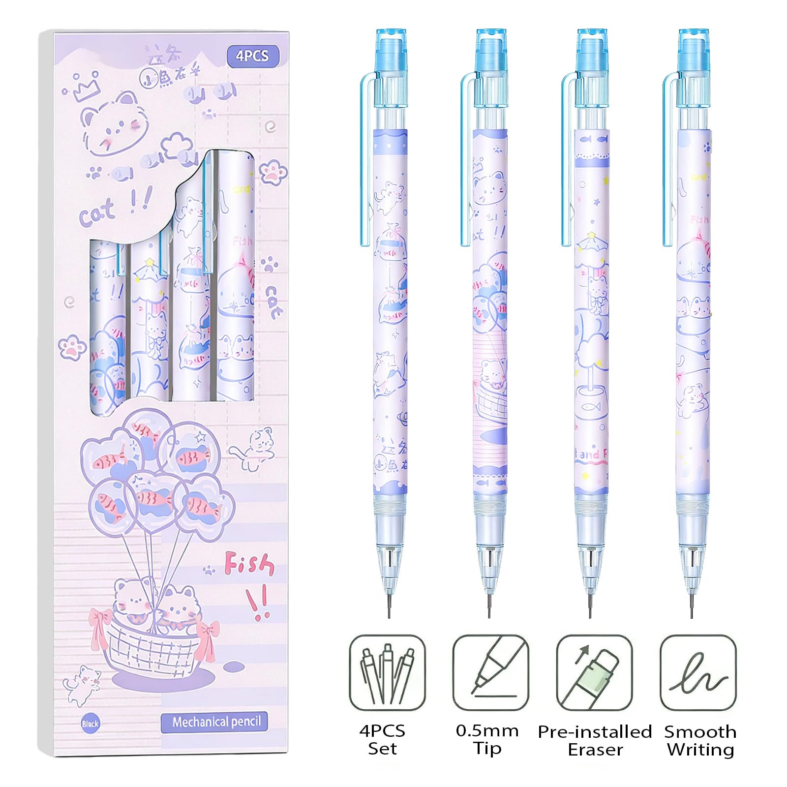 Lot de 8 porte-mines mignons en forme de chat en forme de poisson de 0,5 mm, crayons kawaii pour l'école, les étudiants, les femmes, le bureau, l'école