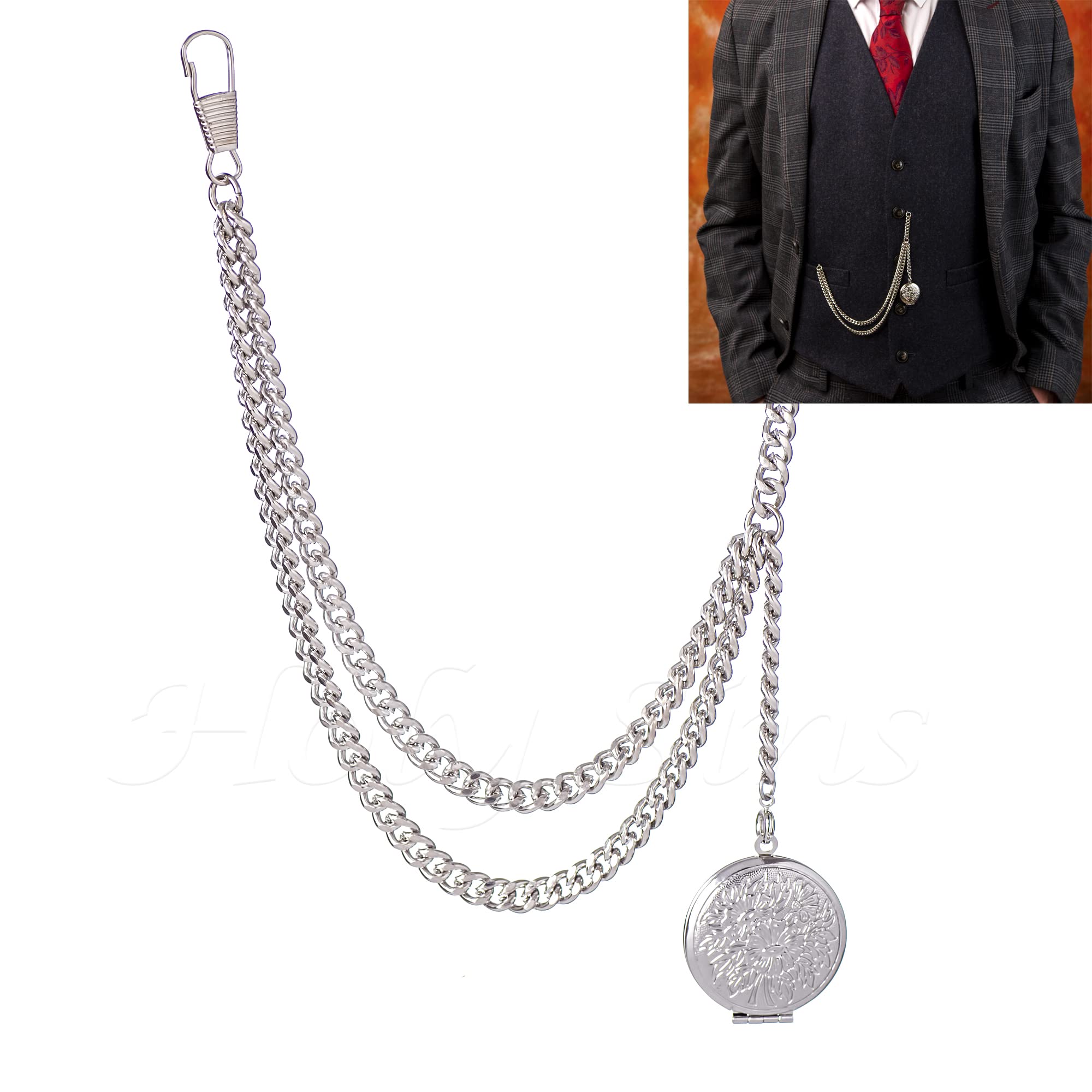Holy Sins Jewellery Made in The UK Silver Colour Albert Pocket Watch Chain with Locket Pendant (12