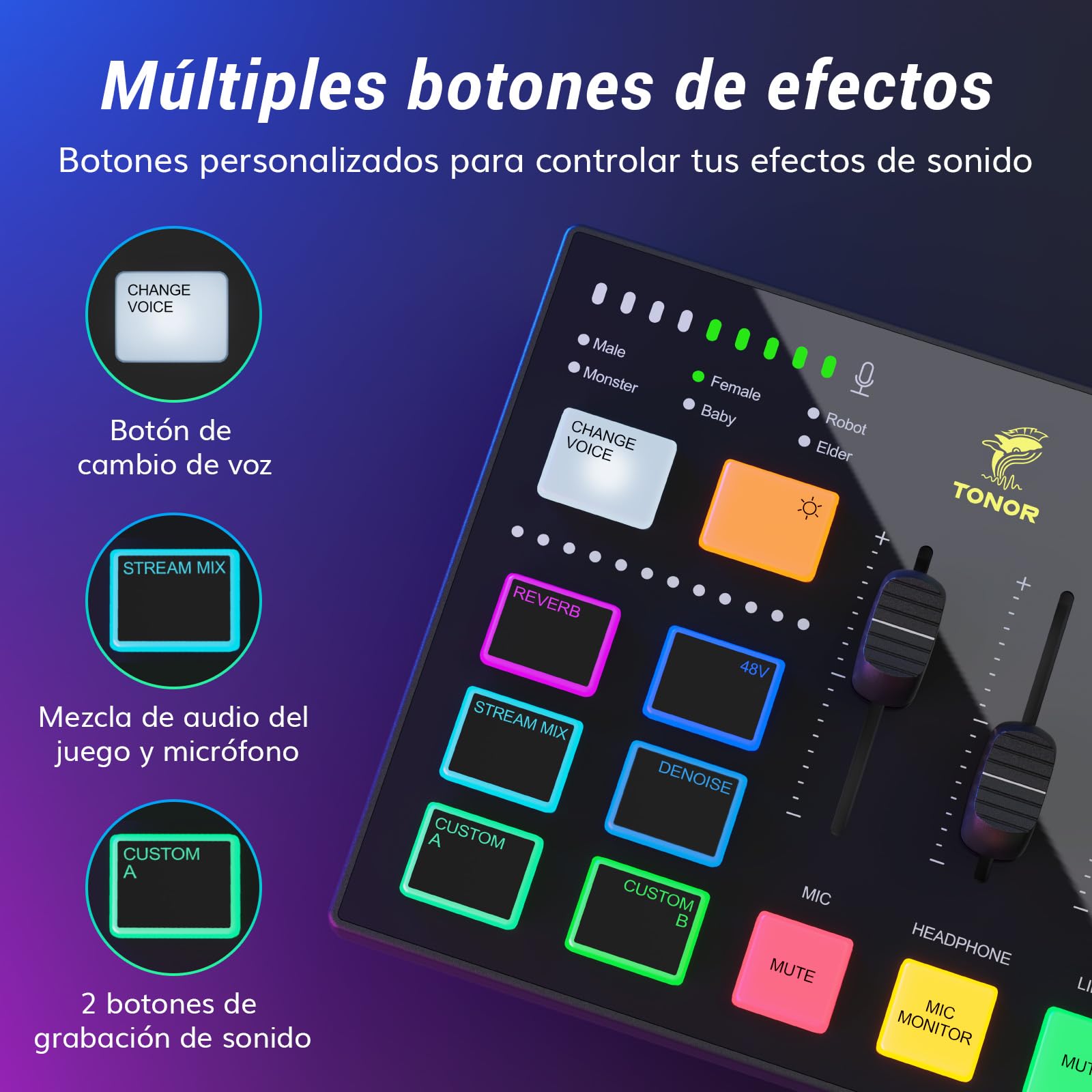 TONOR Gaming Audio Mixer PC, Mezclador RGB con Canal XLR y 6,35 mm para Streaming, Podcast, Grabación, Interfaz de Audio para TikTok, YouTube, Twitch, Control de Volumen Individual, Botón de Silencio