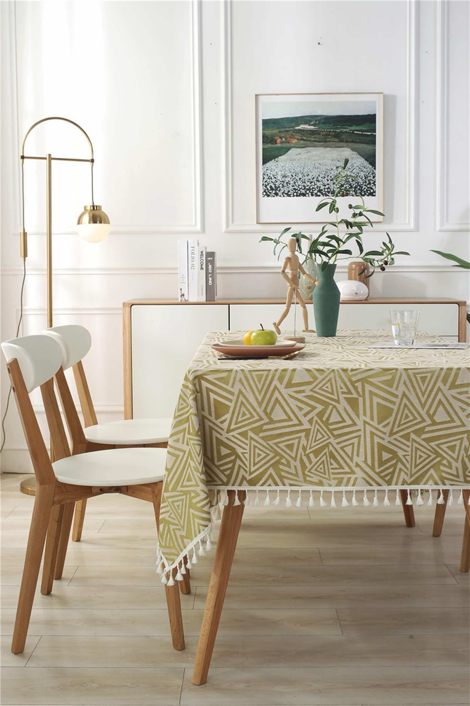 Funda de mesa de cocina elegante, mantel rectangular elegante amarillo verde poliéster jacquard con triángulo decorativo 140 x 200 cm para fiesta