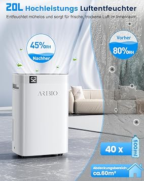 Electric Dehumidifier 20 L/Day High Performance Dehumidifier Room Dehumidifier with LED Display Tumble Drying Drain Hose Timer and Defrosting Room Size Approx. 200 m³/60 m² for Homes Bathrooms Basements