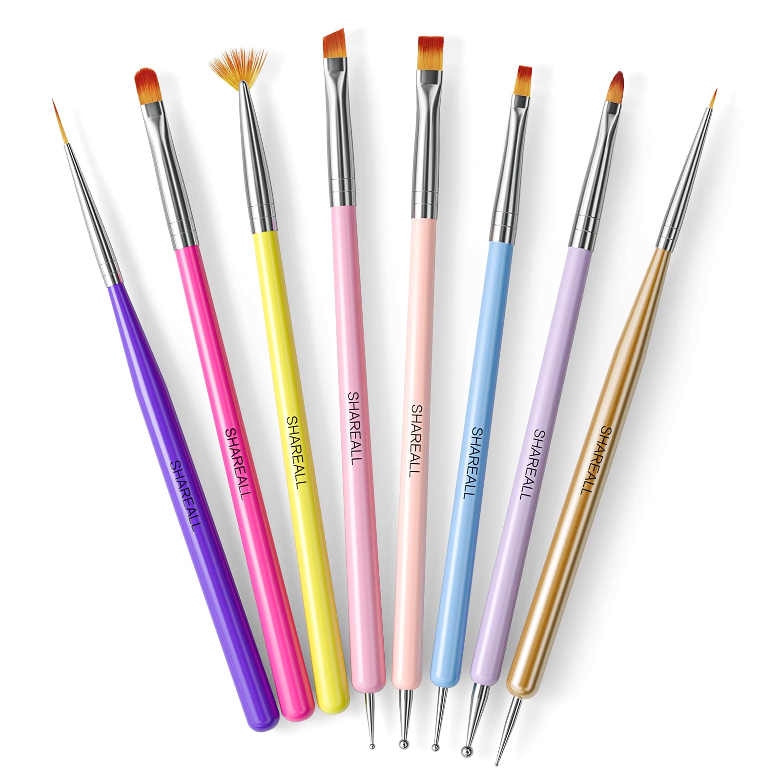 SHAREALL Nail Art Brush Set 8PCS Nail Polish Brush with Extension Gel Nail Brush French Nail Brush Double-ended Design Brushes with Dotting Tools Nail Brushes for Nail Art at Salon & Home Manicure