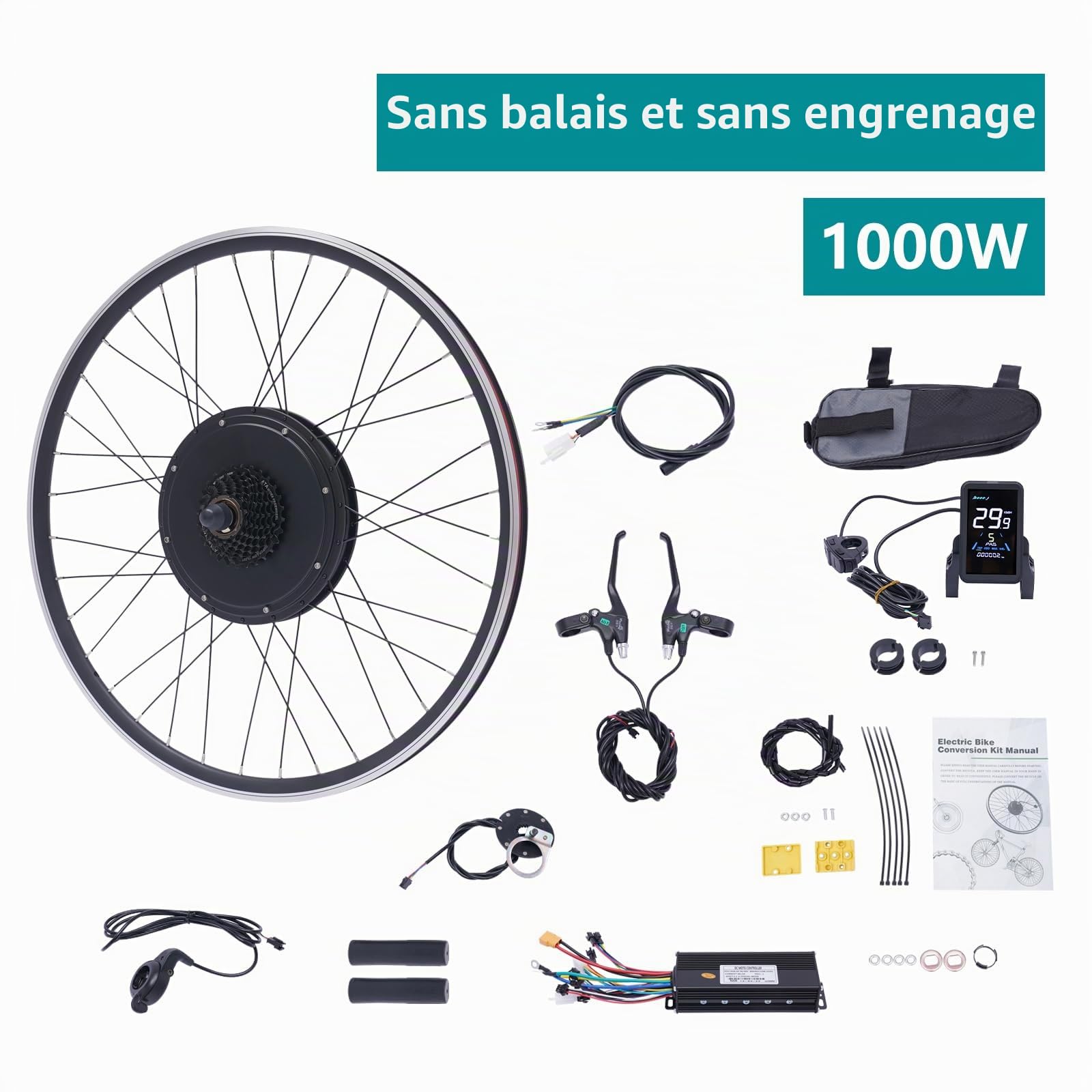 Kit de conversion de vélo électrique 28/29", roue arrière/avant 48 V 1000 W, kit de conversion de vélo électrique, kit de moteur de vélo sans balais avec écran LCD, contrôleur intégré, PAS