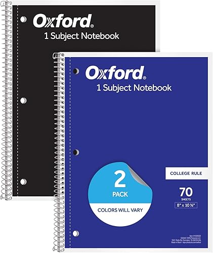 Oxford Cuadernos de espiral, paquete de 2, 1 materia, cuadernos con rayas universitarias para la escuela, 8 x 10.5 pulgadas, 70 hojas, colores