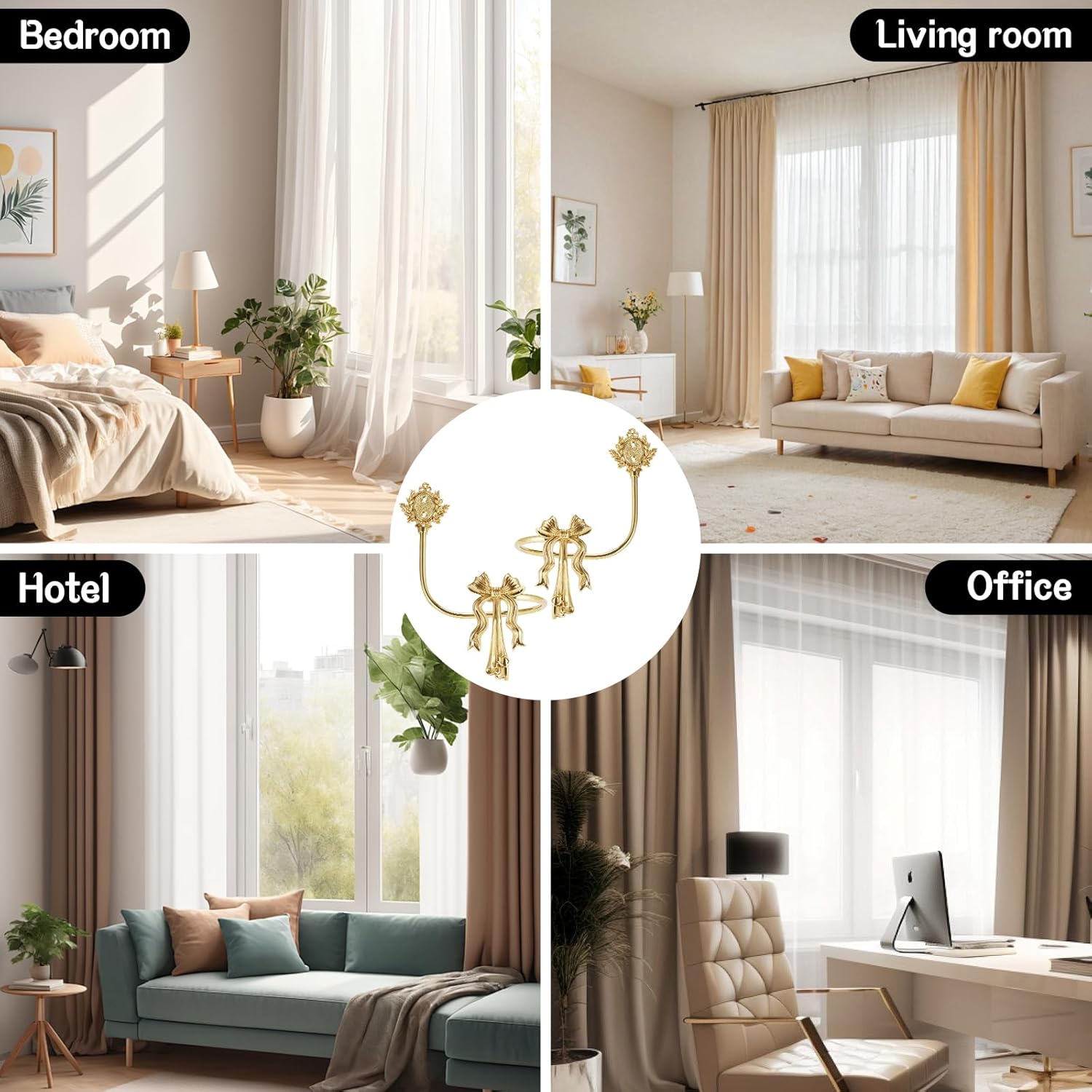 2 Pcs Gold Brass Bow Curtain Tiebacks, Vintage Wall Mounted Curtain Holdbacks, Decorative Curtain Hooks for Living Room、 Bedroom and Home Office