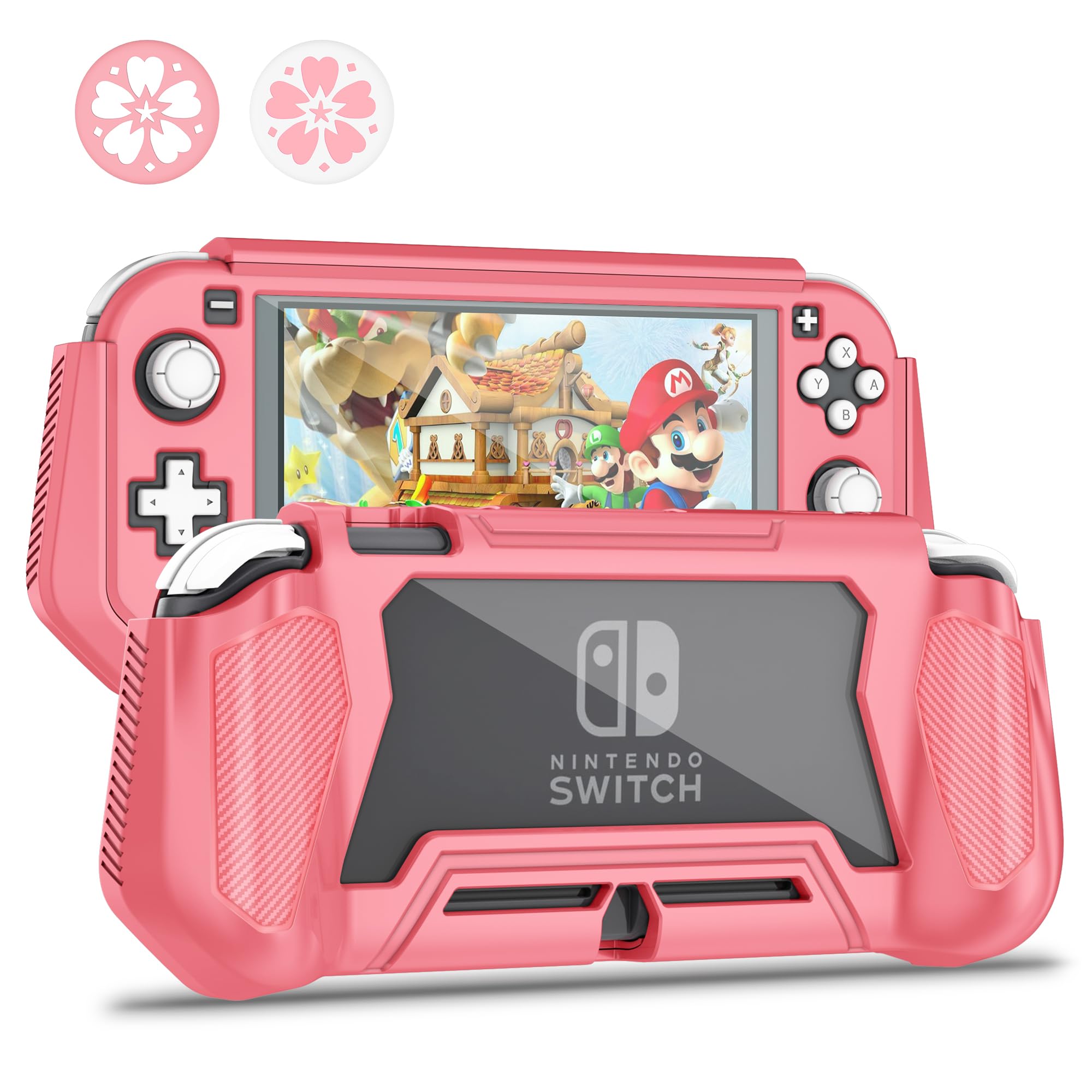 Switch Lite Protective Case for Nintendo Switch Lite, Case Compatible with Switch Lite Hand Grip Case with Detachable TPU+Built-in PC Screen Protector & 2 x Thumb Grip Caps,Coral(No tempered film required)