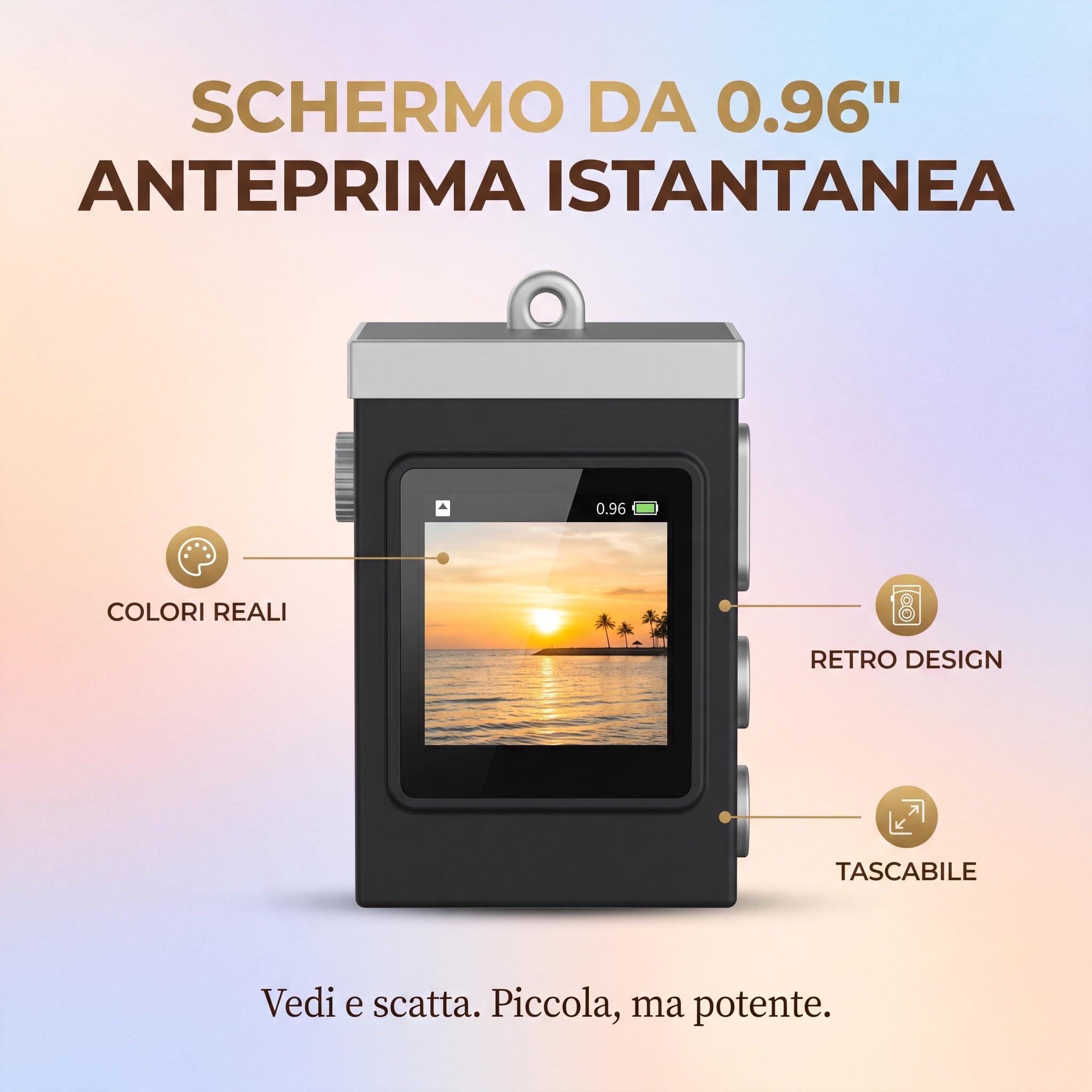 Mini Camera Digitale Retrò, Foto 8MP e Video Full HD 1080P, Grandangolo 120°, Filtri Creativi, Supporto Scheda MicroSD fino a 128GB, Design Tascabile Vintage