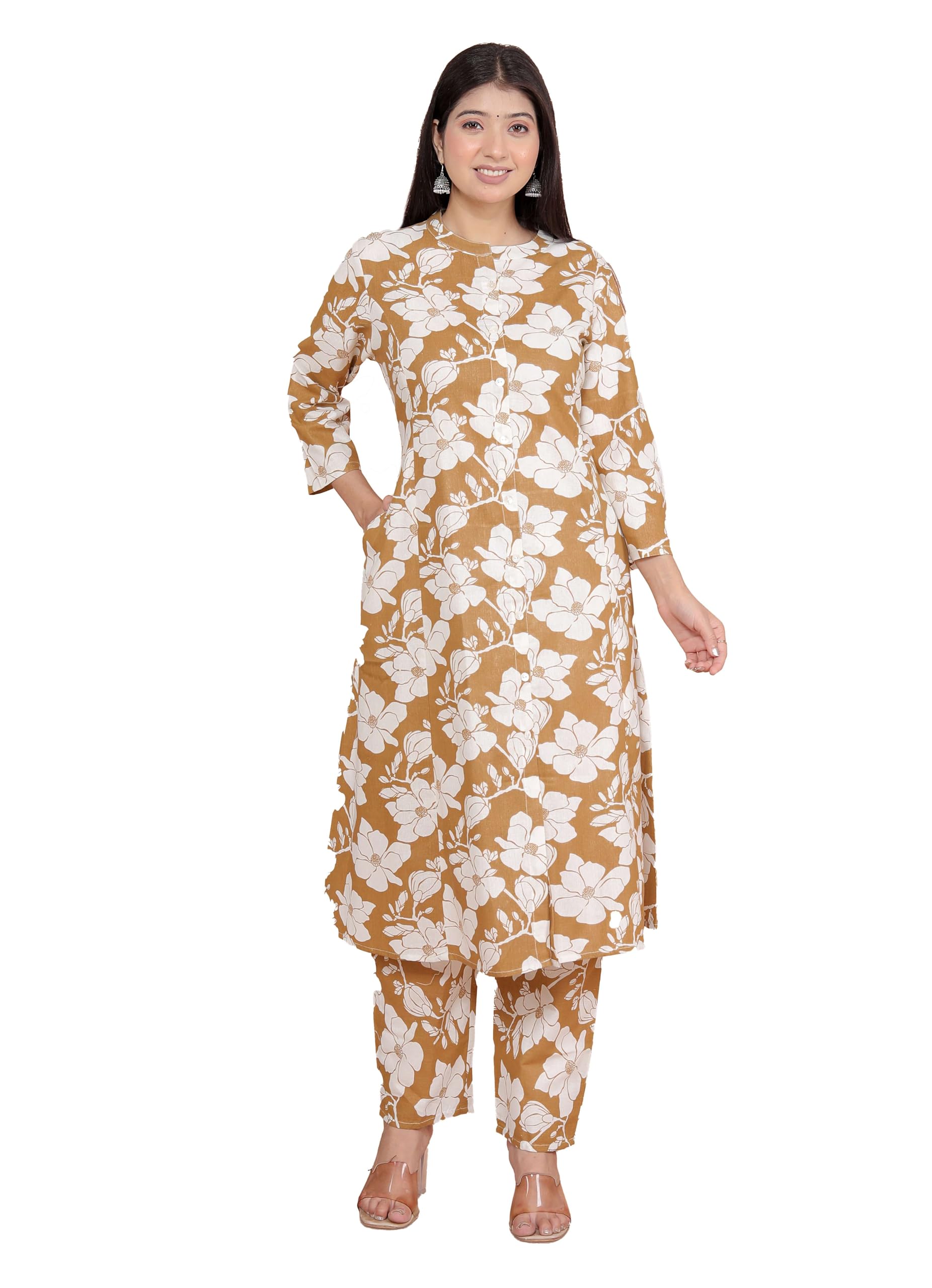Women's Cotton Floral Printed Mandarin Collar A-Line Kurti with Pant (Brown)-image-33