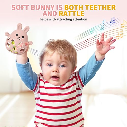 Miniatura 3 de Orzbow Juguetes de dentición para bebés de 3 a 6 meses, sonajero 2 en 1 y mordedores de mano para aliviar la dentición, guantes de dentición fáciles